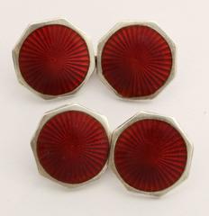 American Art Deco Sterling Silver and Red Guilloche Enamel Cufflinks