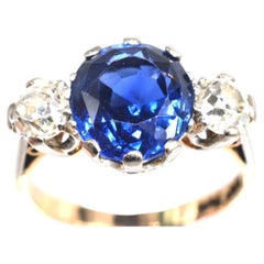Art Deco 18ct Gold & Platinum Ceylon Sapphire & Diamond Three Stone Ring