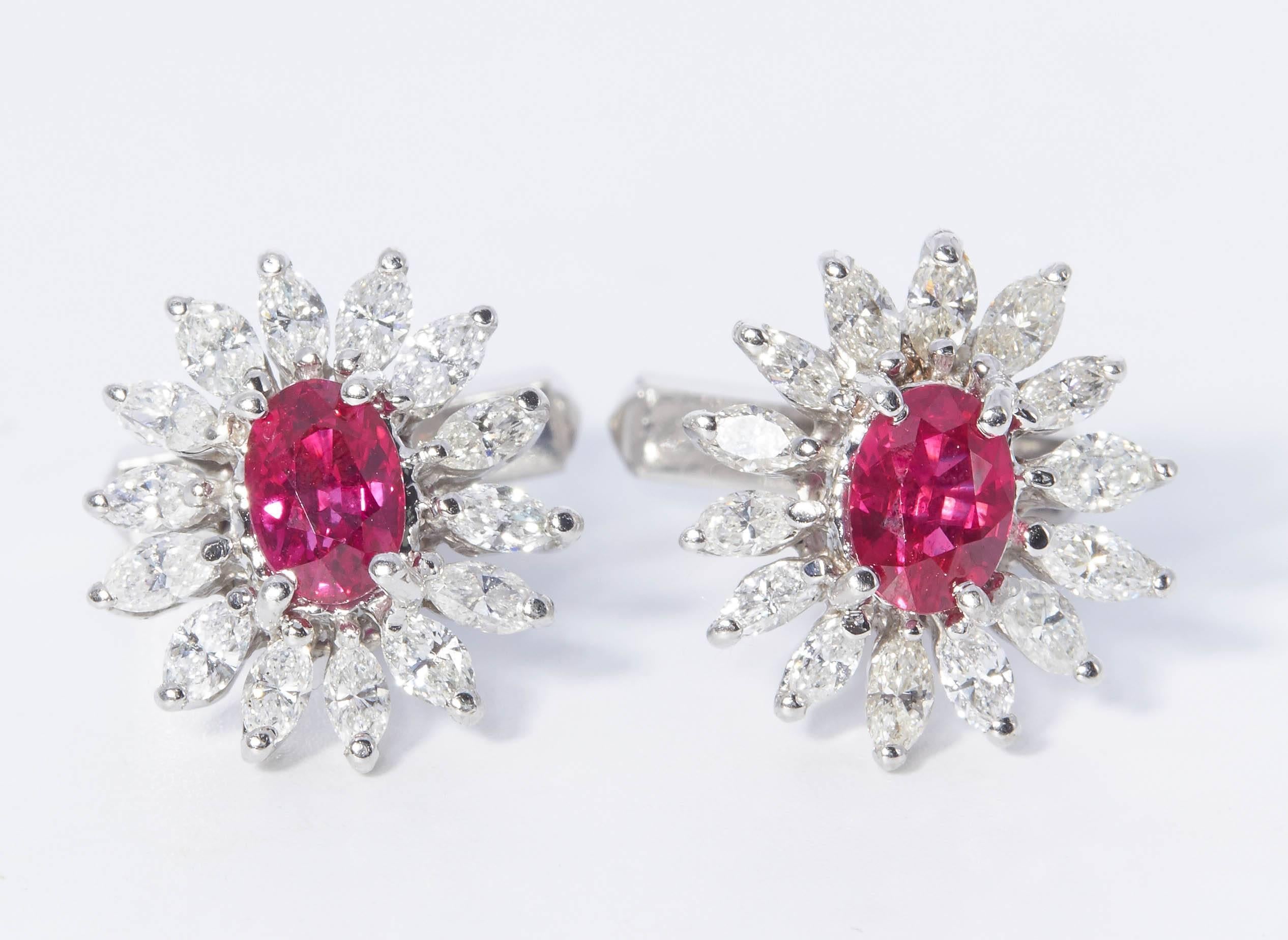 Women's or Men's Oval Ruby and Marquise Diamond Cufflinks, circa 1980