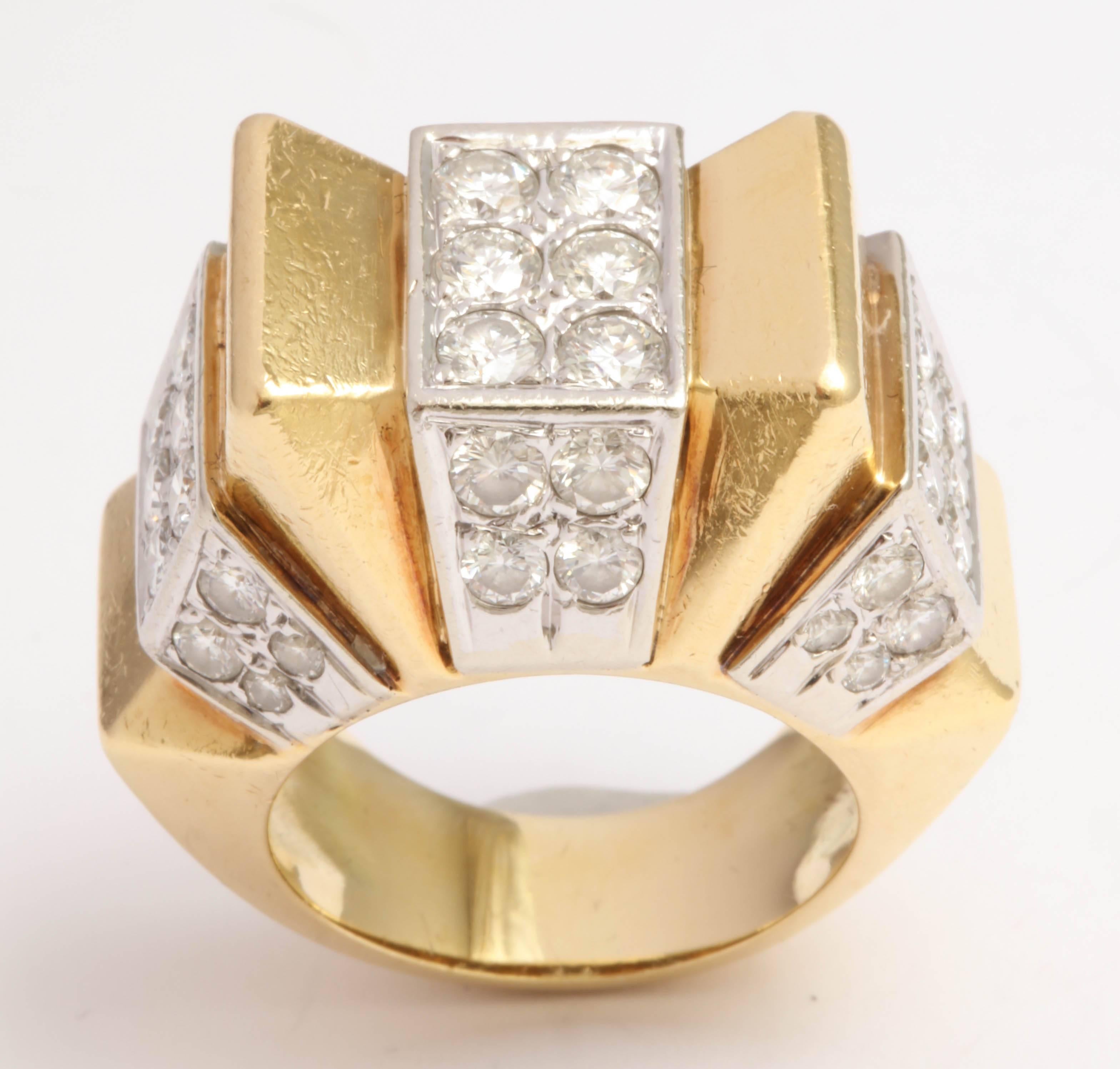18k Yellow Gold - Deco Style Architectural Ring with 18kt White Gold & Pave set Diamonds boldly inset within the ing.
What a look.  Beautifully made and very eye catching.  Total Diamond weight - Approx - 1.55cts.  Size 7.25 but can be sized up