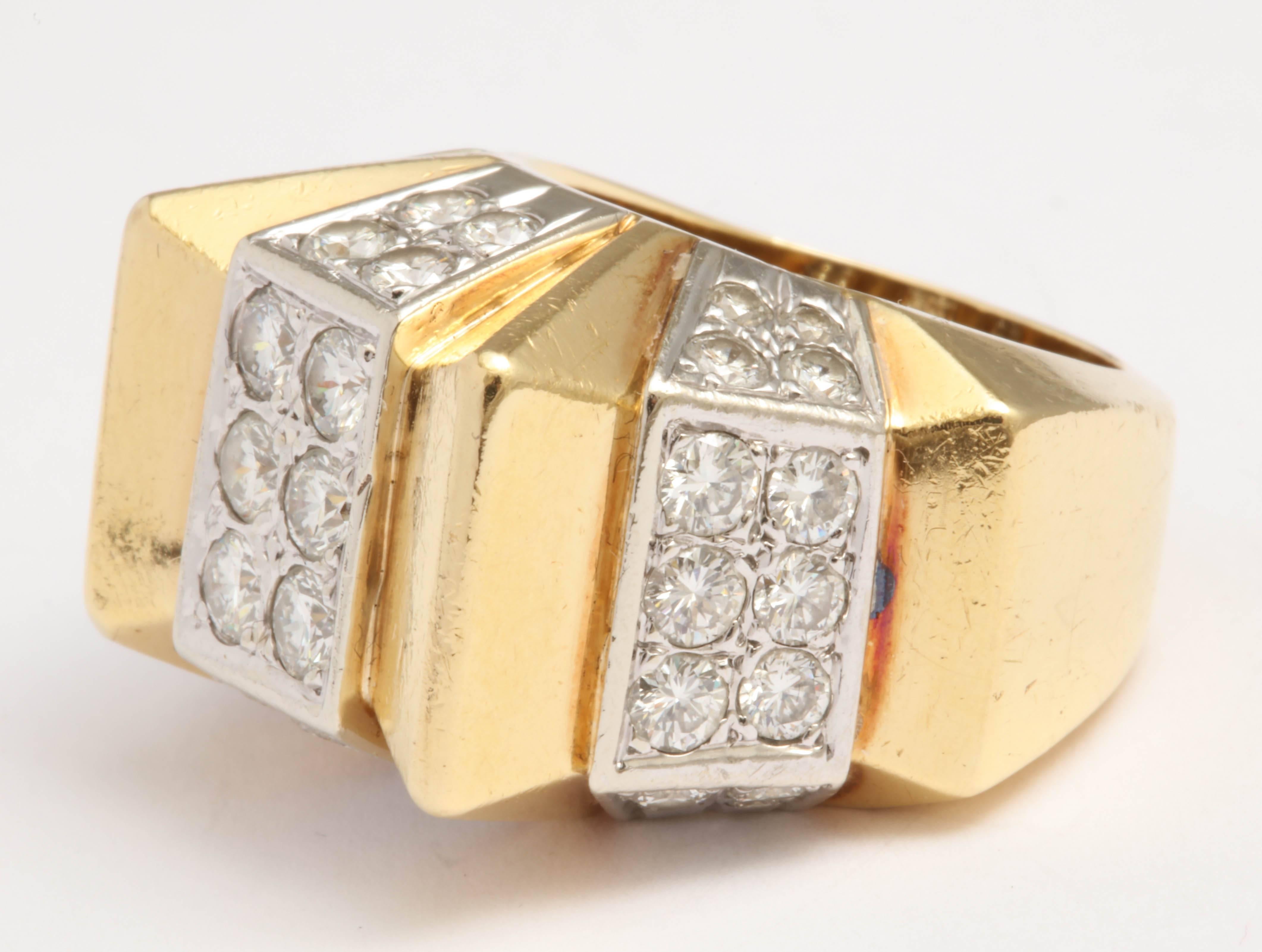 Art Deco Diamond Gold Architectural Zig-Zag Ring