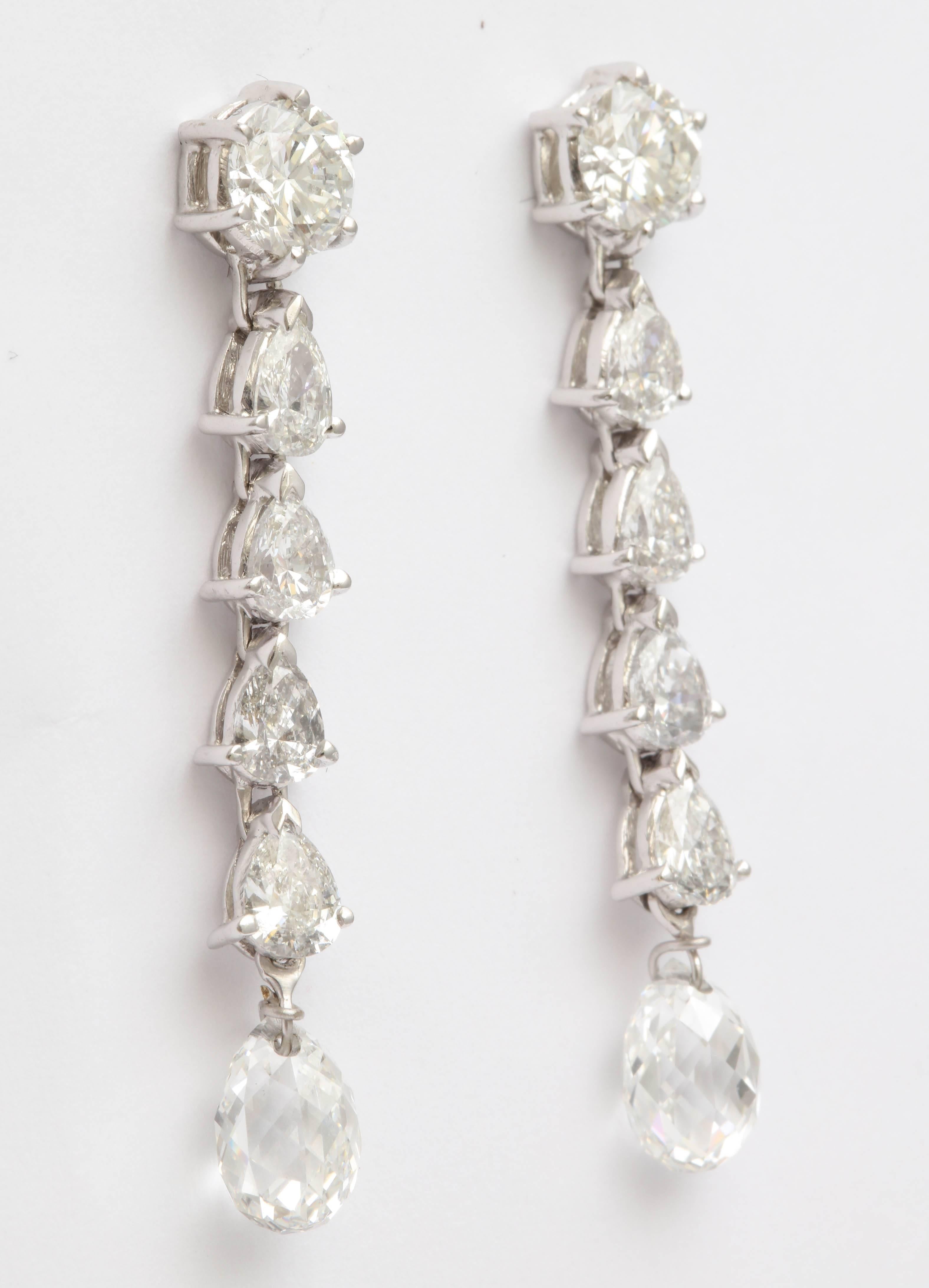 Fancy cut Diamond Drop Earrings - each made up of 1 Round Brilliant, 4 Pears and terminating in 1 oval cut.  Approximate total weight over 3.5cts.  Very elegant and fluid in movement. Perfect for light cocktails or evening wear.   