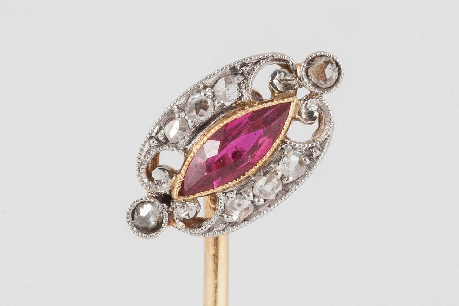 Marquise Cut Tie Pin in Gold with Marquise Burma Ruby & Diamond Cluster, English circa 1900 For Sale