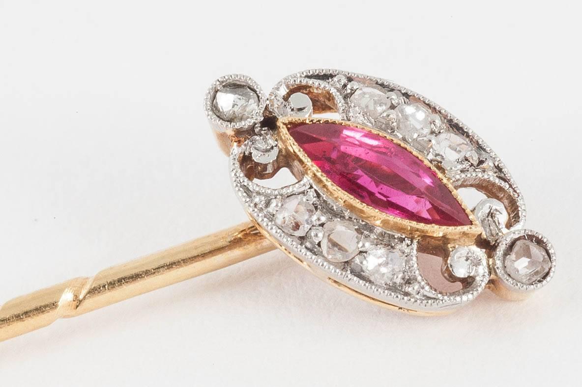 Edwardian Tie Pin in Gold with Marquise Burma Ruby & Diamond Cluster, English circa 1900 For Sale
