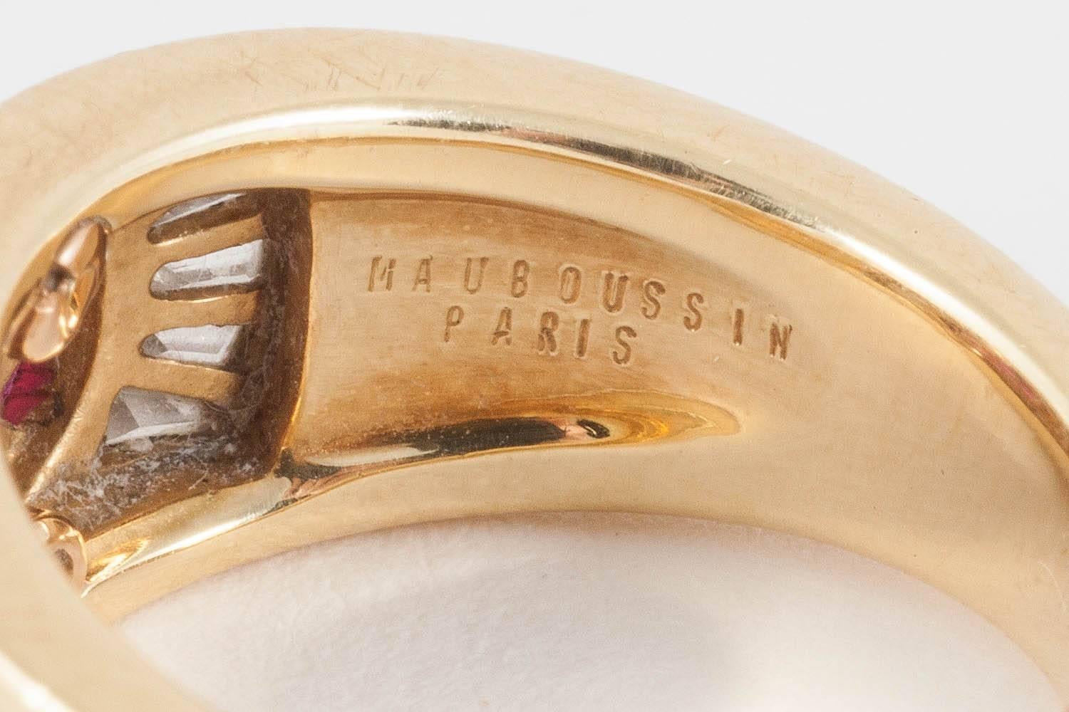 Baguette Cut Mauboussin Paris Ruby Diamond Mother-of-Pearl Ring