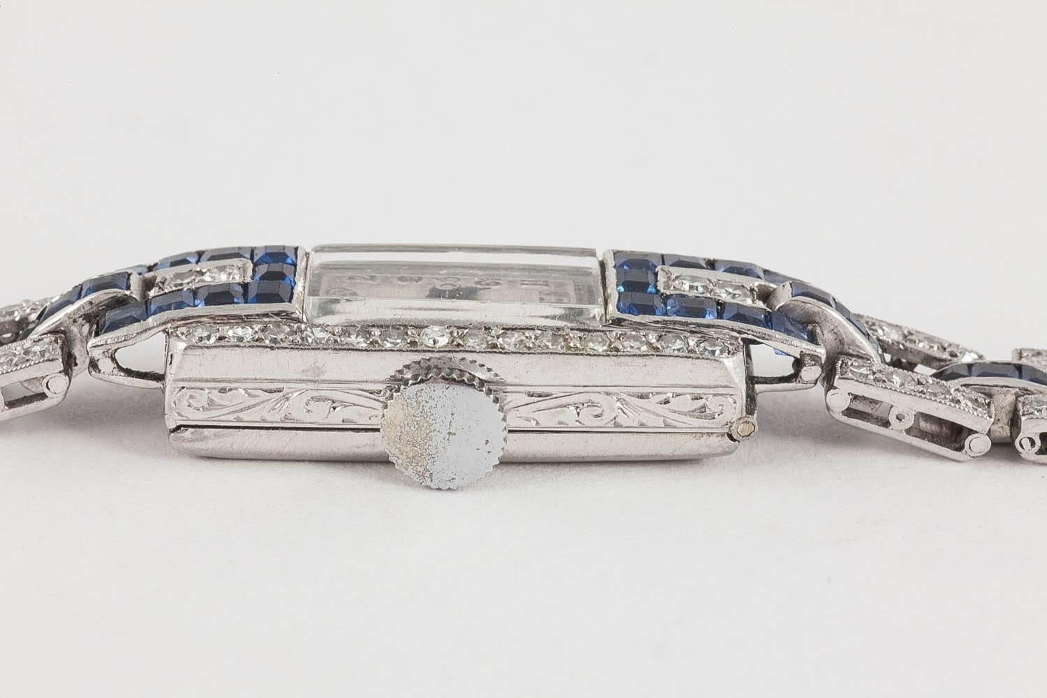 Ladies Platinum Diamond Sapphire Set Mechanical Wristwatch, circa 1925 In Good Condition In London, GB