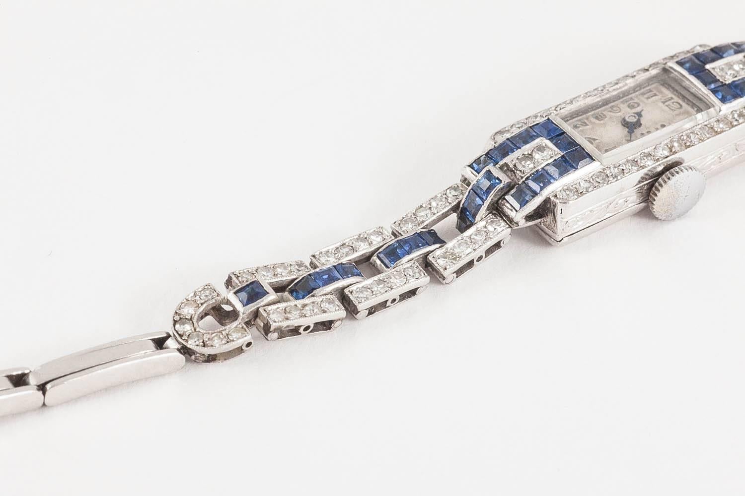 Ladies Platinum Diamond Sapphire Set Mechanical Wristwatch, circa 1925 2