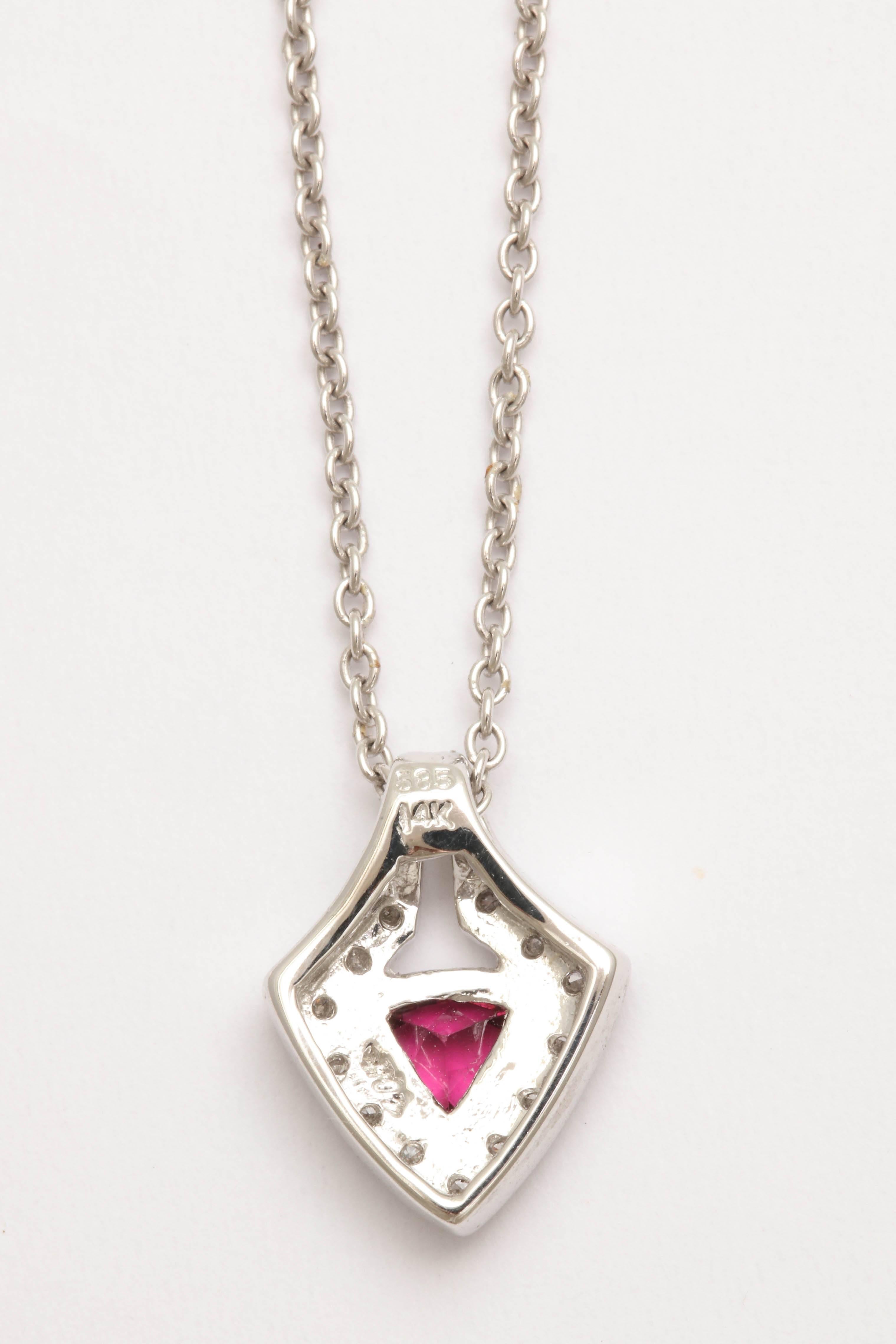 Trillion Cut Charming Pink Tourmaline Diamond White Gold Pendant For Sale