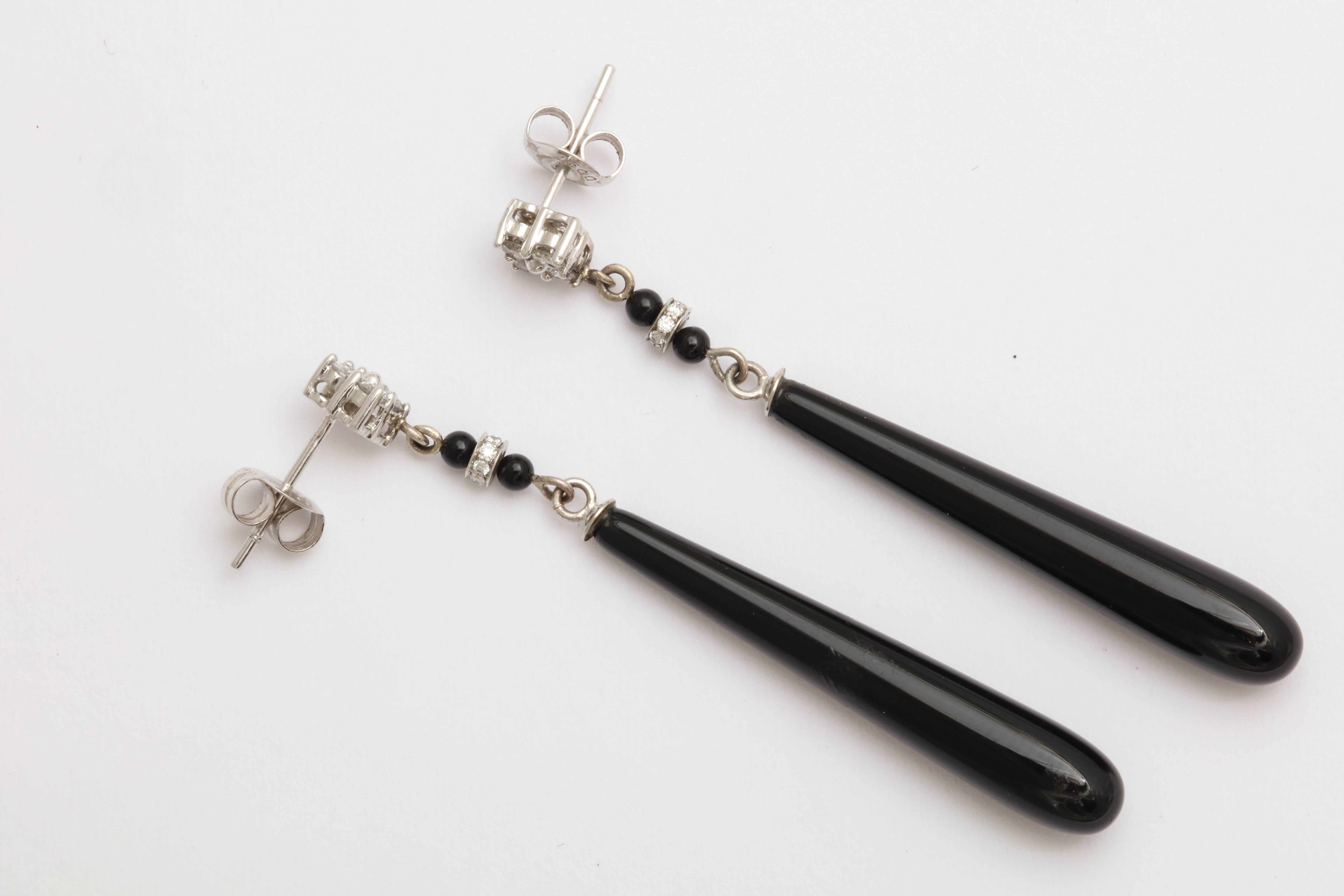 Art Deco Black Onyx Diamond White Gold Drop Earrings For Sale