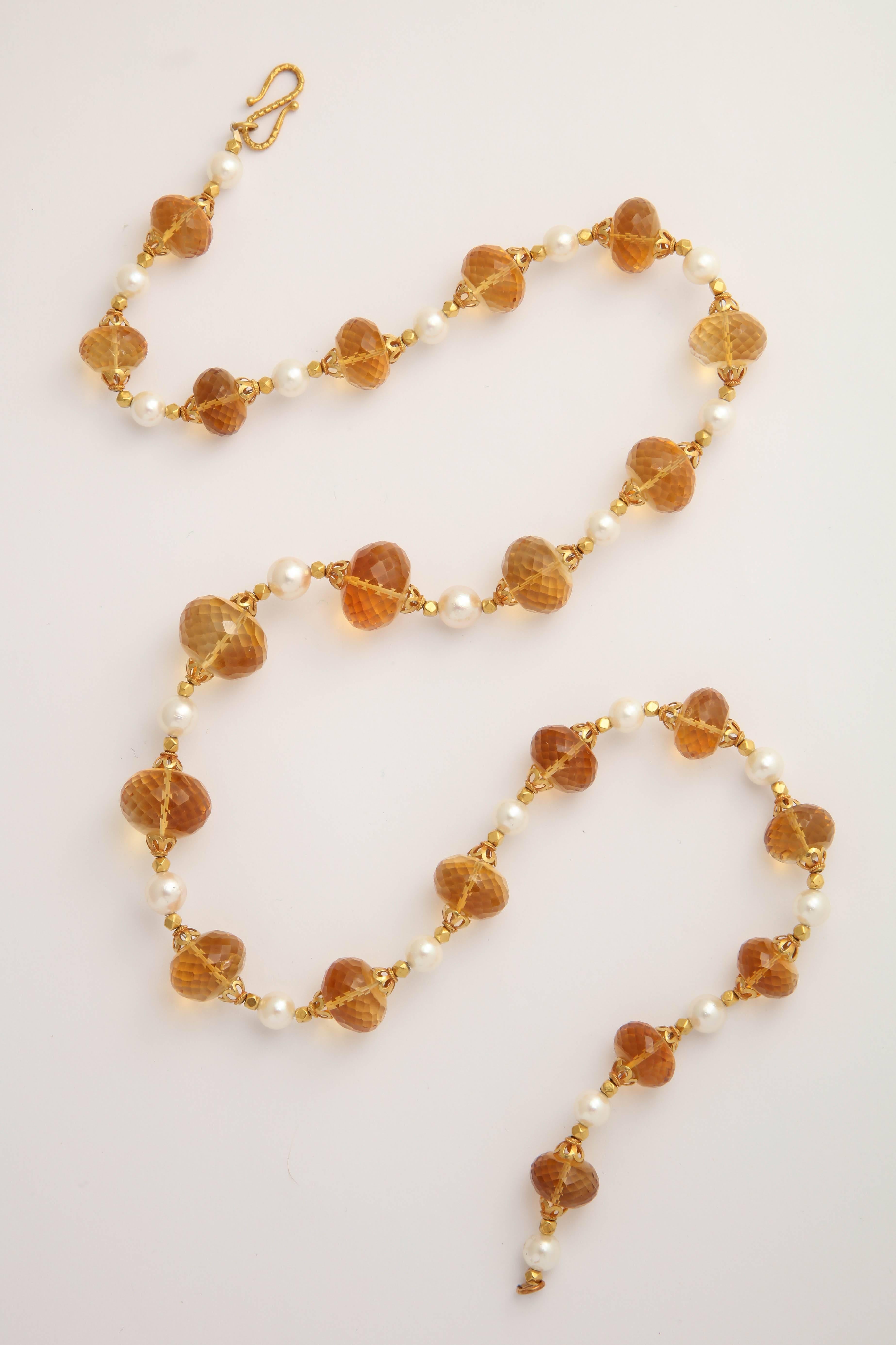 Contemporary Superb Faceted Citrine Bead, Gold and Pearl Necklace
