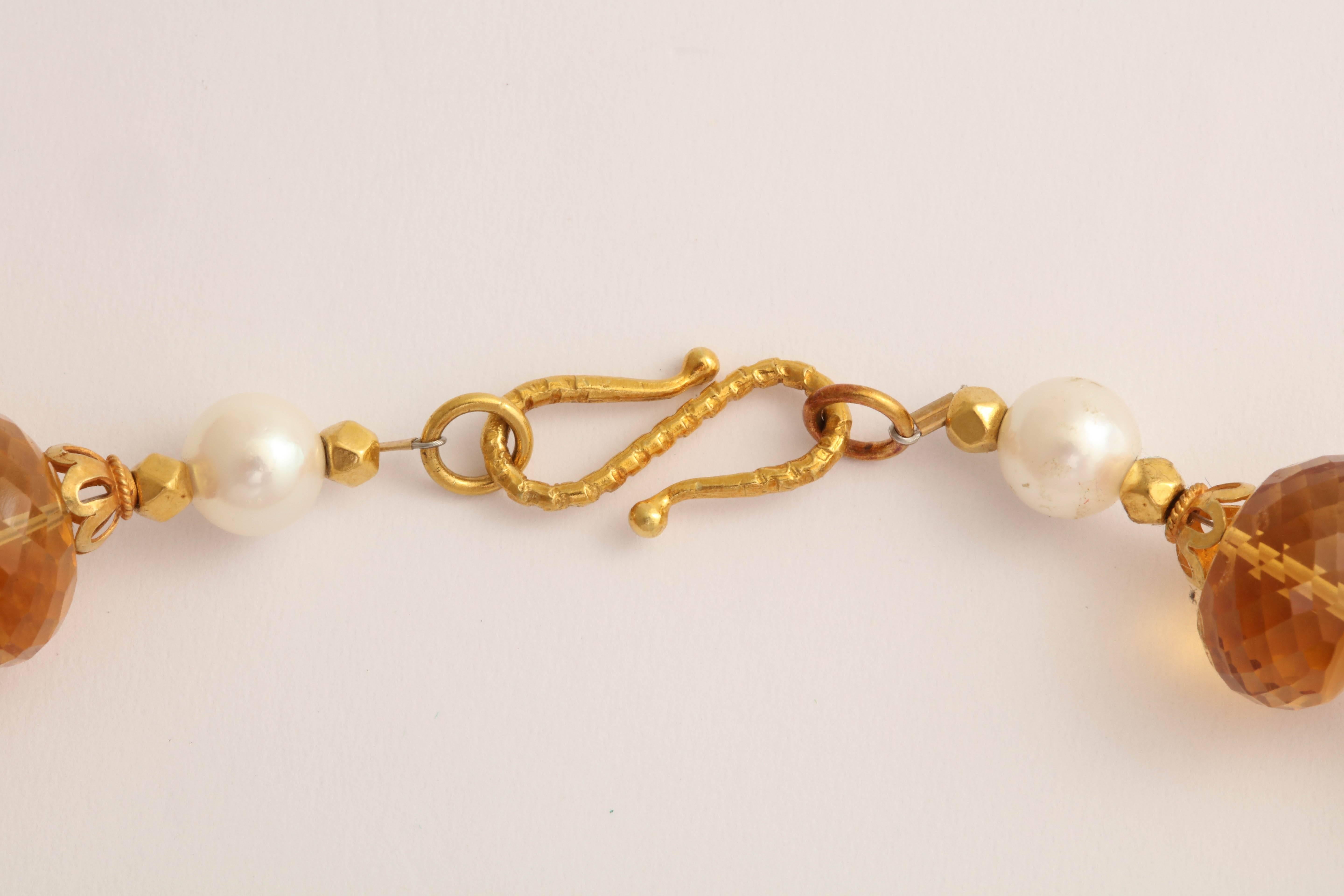 Superb Faceted Citrine Bead, Gold and Pearl Necklace In New Condition In TRYON, NC