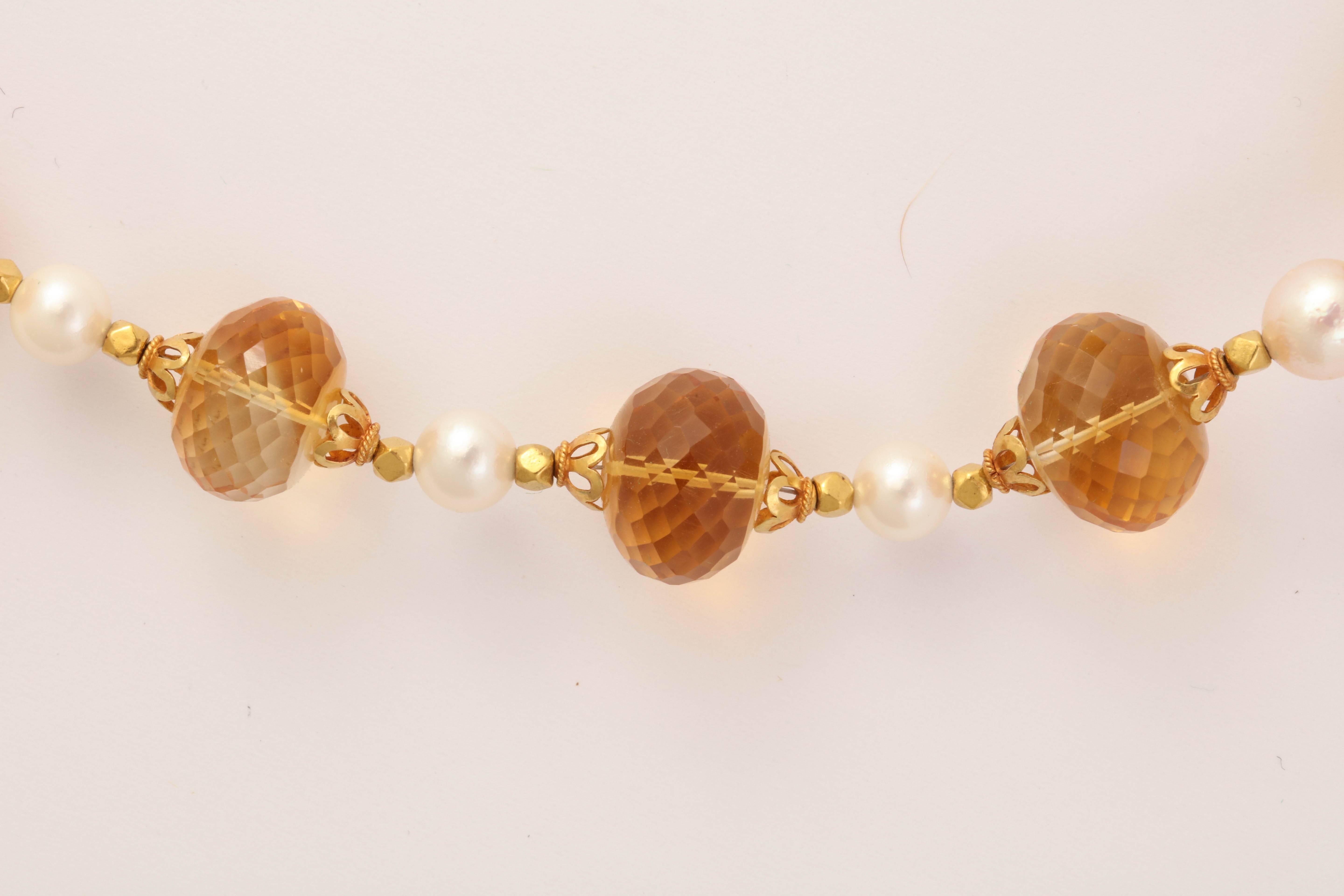 Women's or Men's Superb Faceted Citrine Bead, Gold and Pearl Necklace