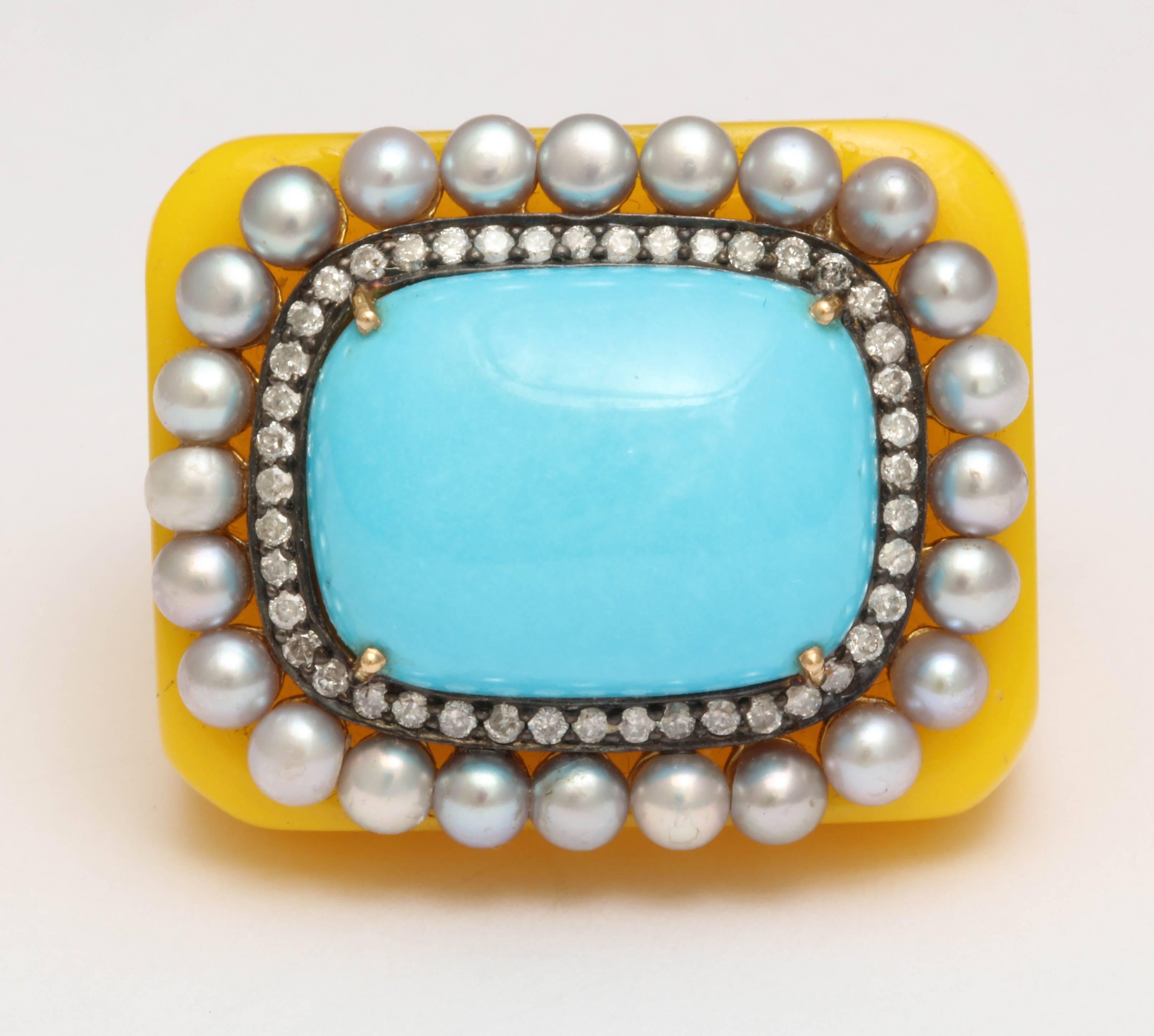 Contemporary Reconstituted Turquoise Pearl Diamond Sunny Ring For Sale