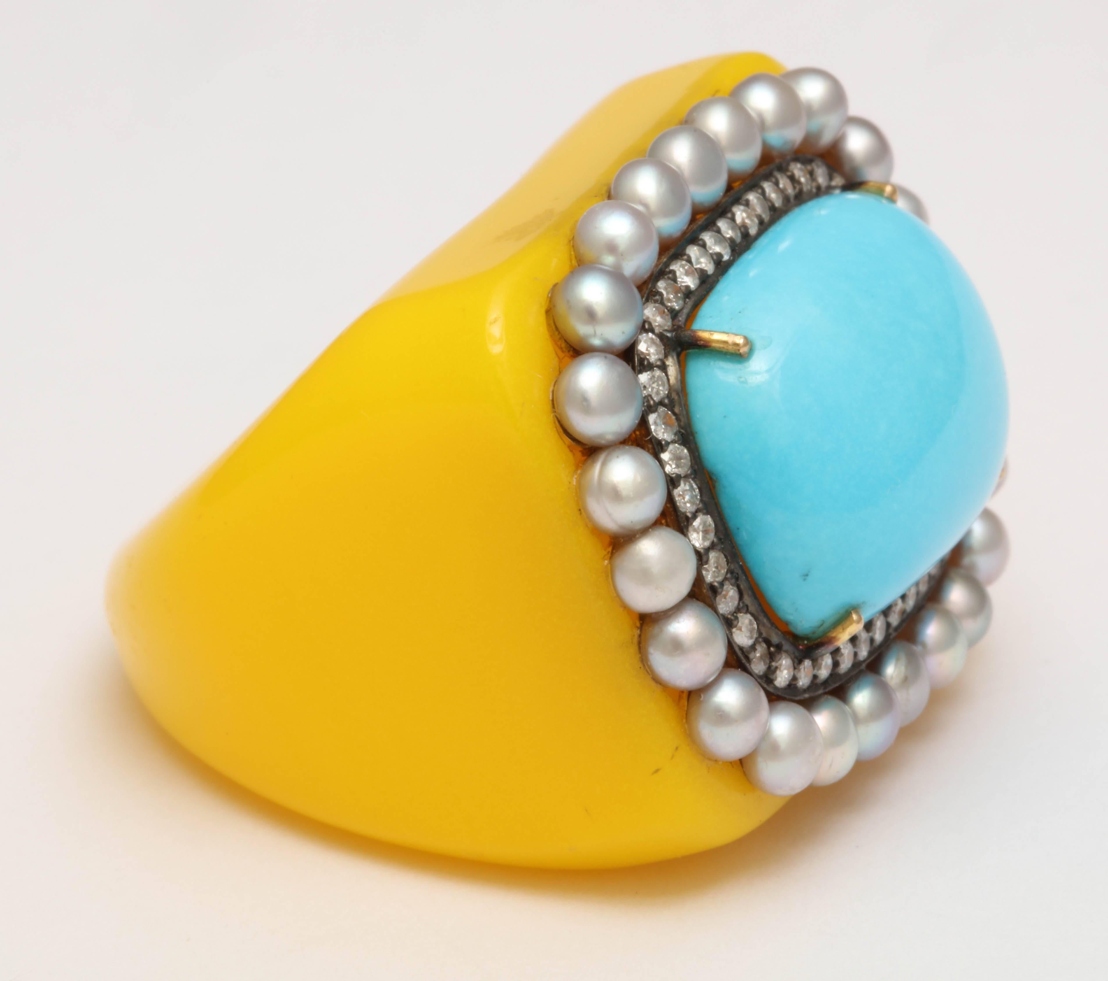 Women's Reconstituted Turquoise Pearl Diamond Sunny Ring For Sale