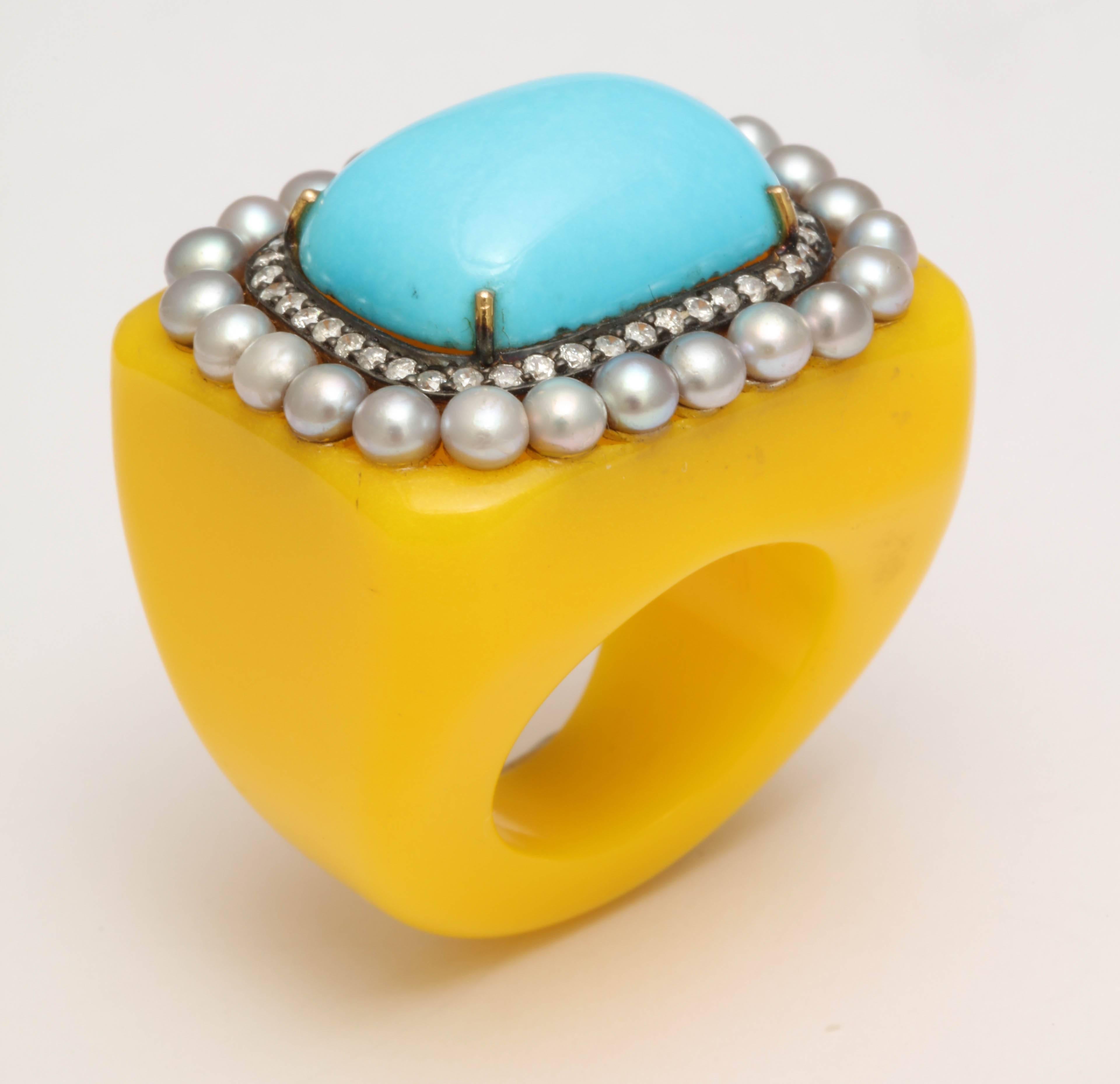 Reconstituted Turquoise Pearl Diamond Sunny Ring For Sale 1