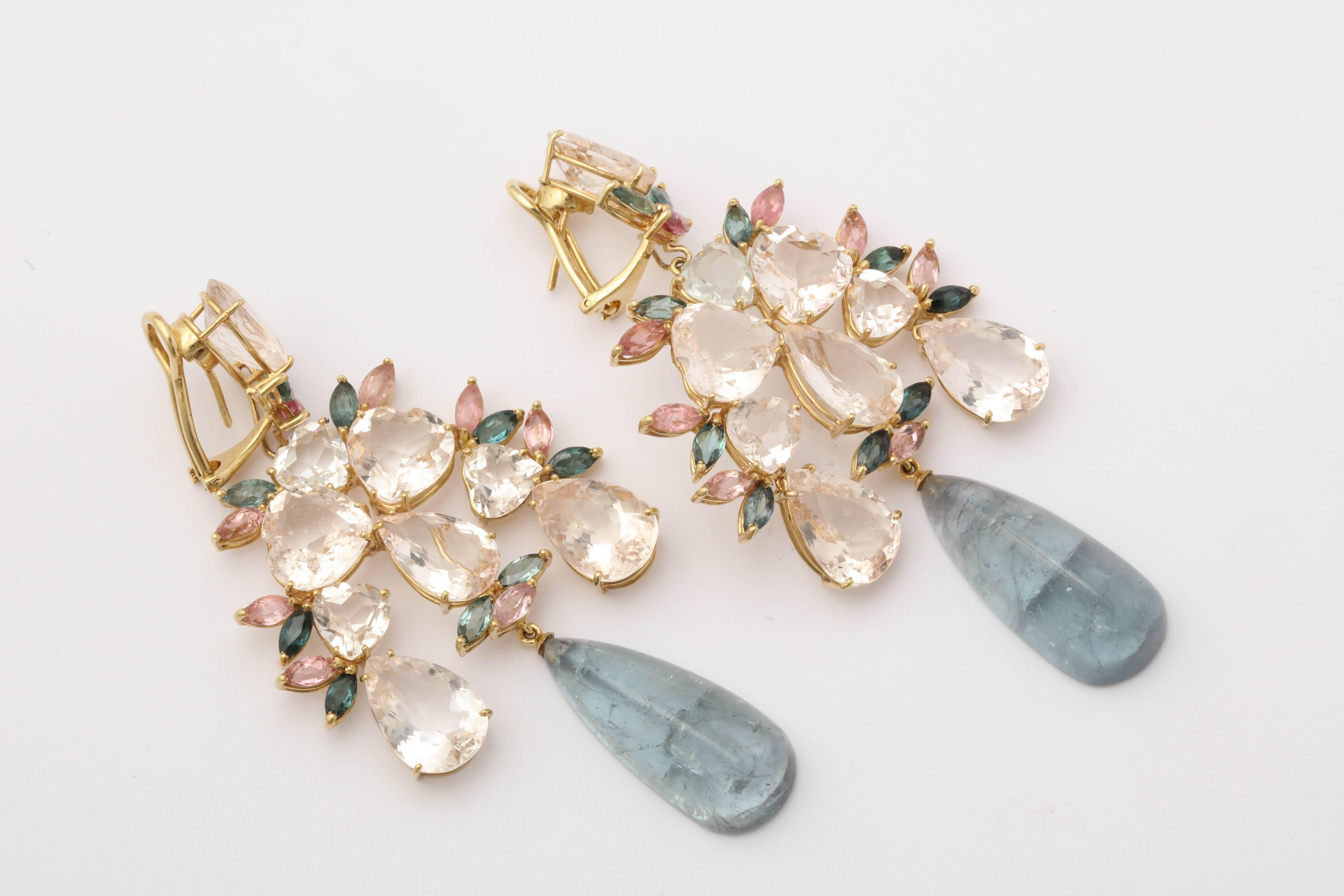 Women's 1980s Convertible Aquamarine, Kunzite and Tourmaline Gold Large Earrings