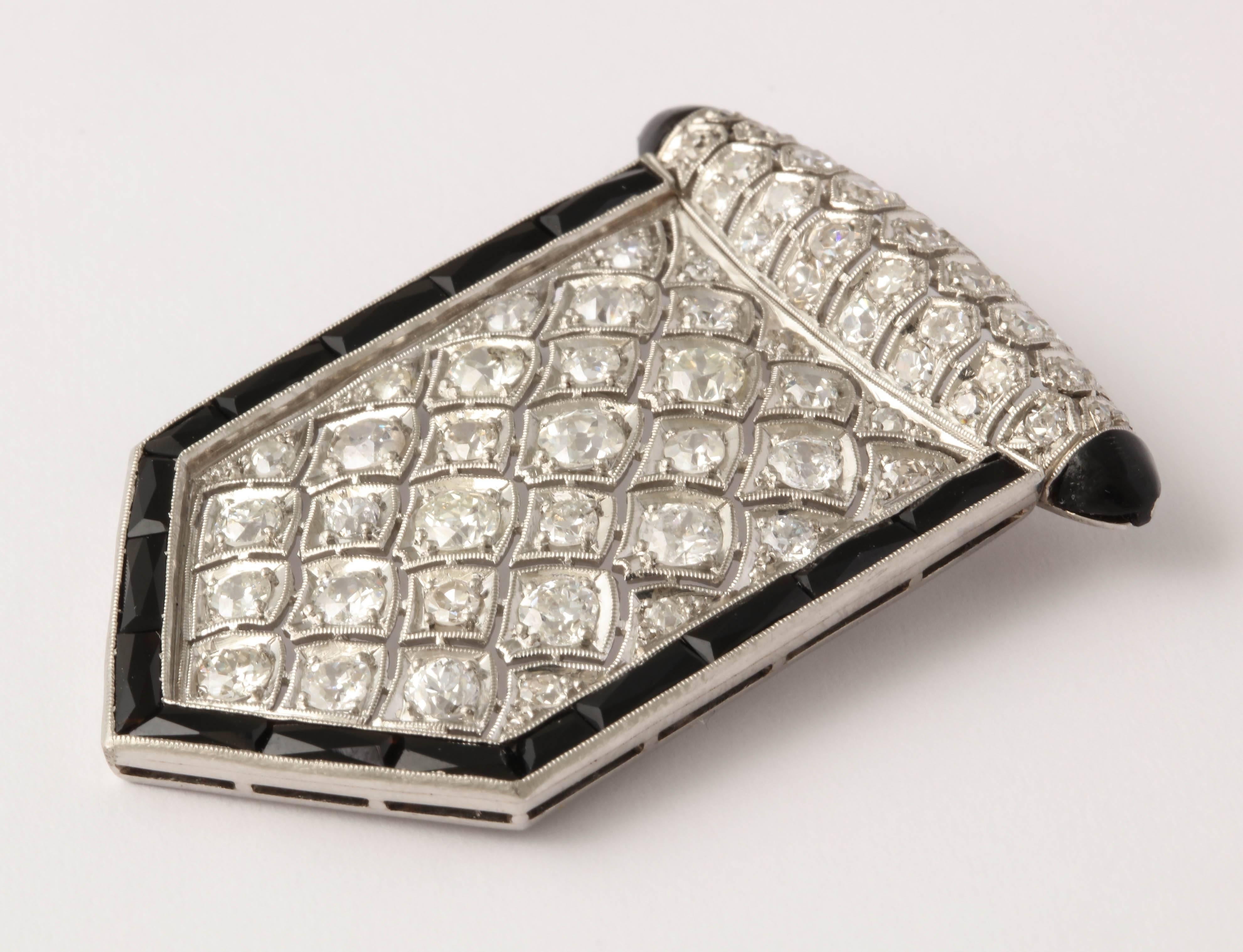 Art Deco Shield Shape Honeycomb Design Diamond and Onyx Platinum Pendantt In Good Condition In New York, NY