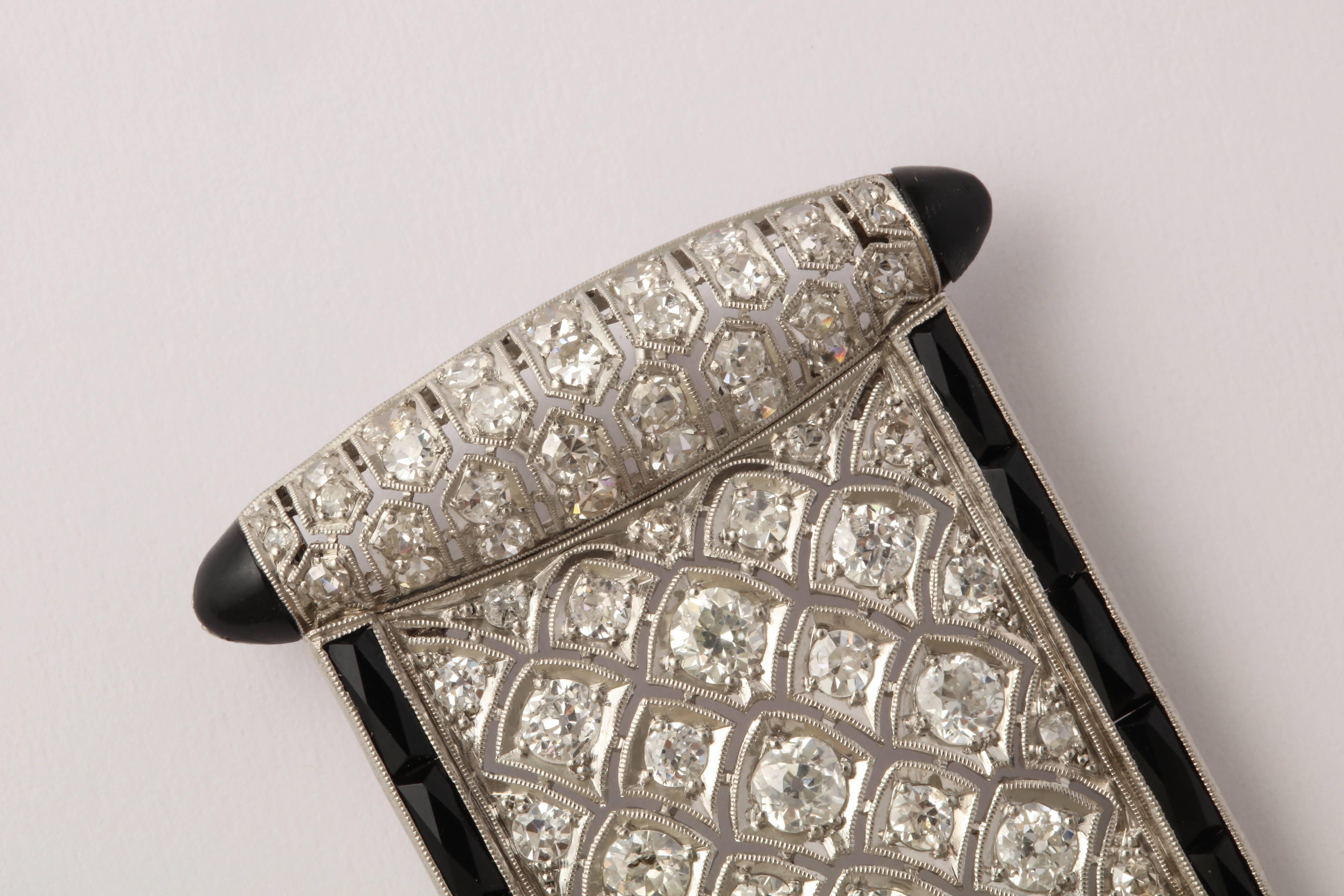 Women's Art Deco Shield Shape Honeycomb Design Diamond and Onyx Platinum Pendantt
