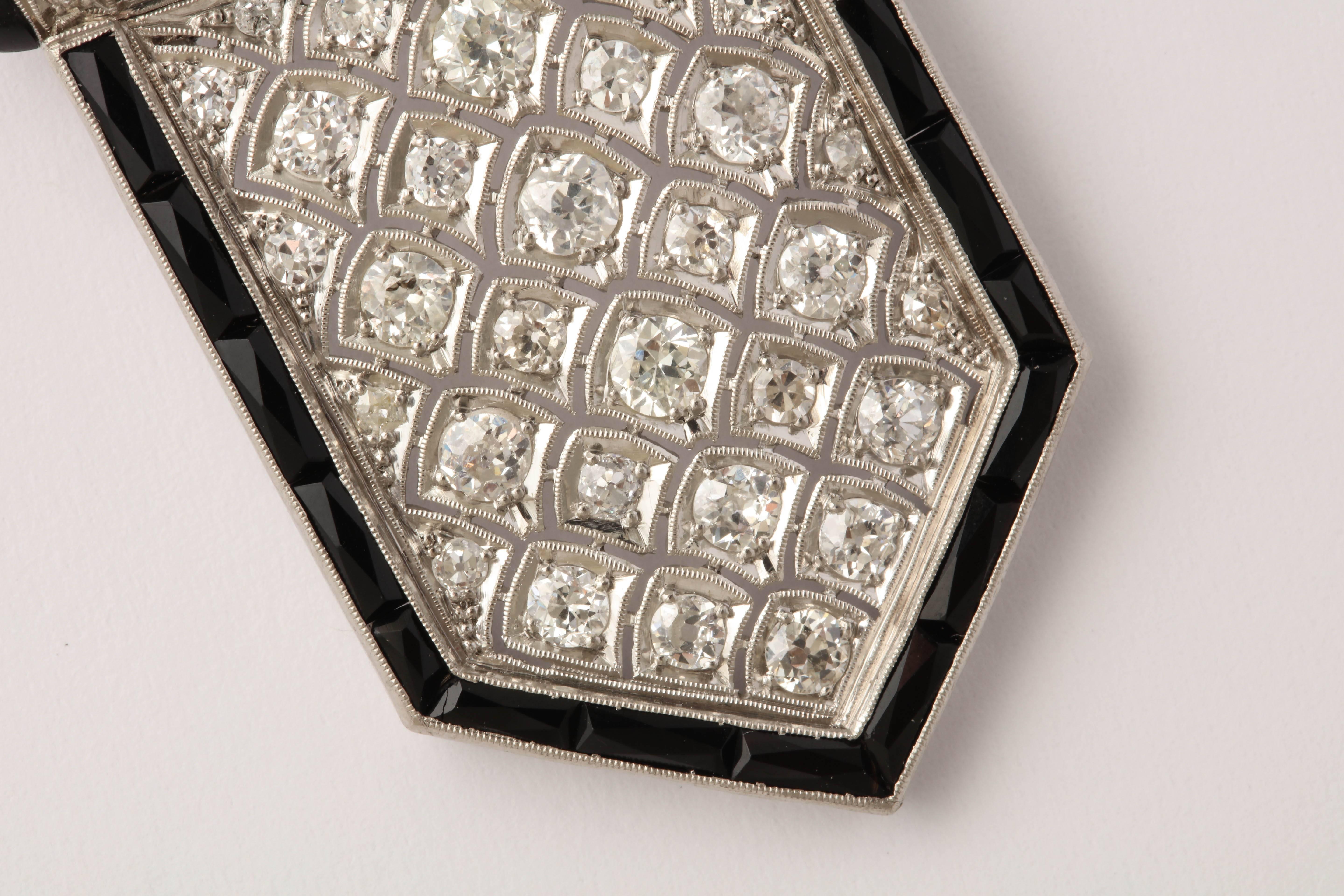 Art Deco Shield Shape Honeycomb Design Diamond and Onyx Platinum Pendantt 1