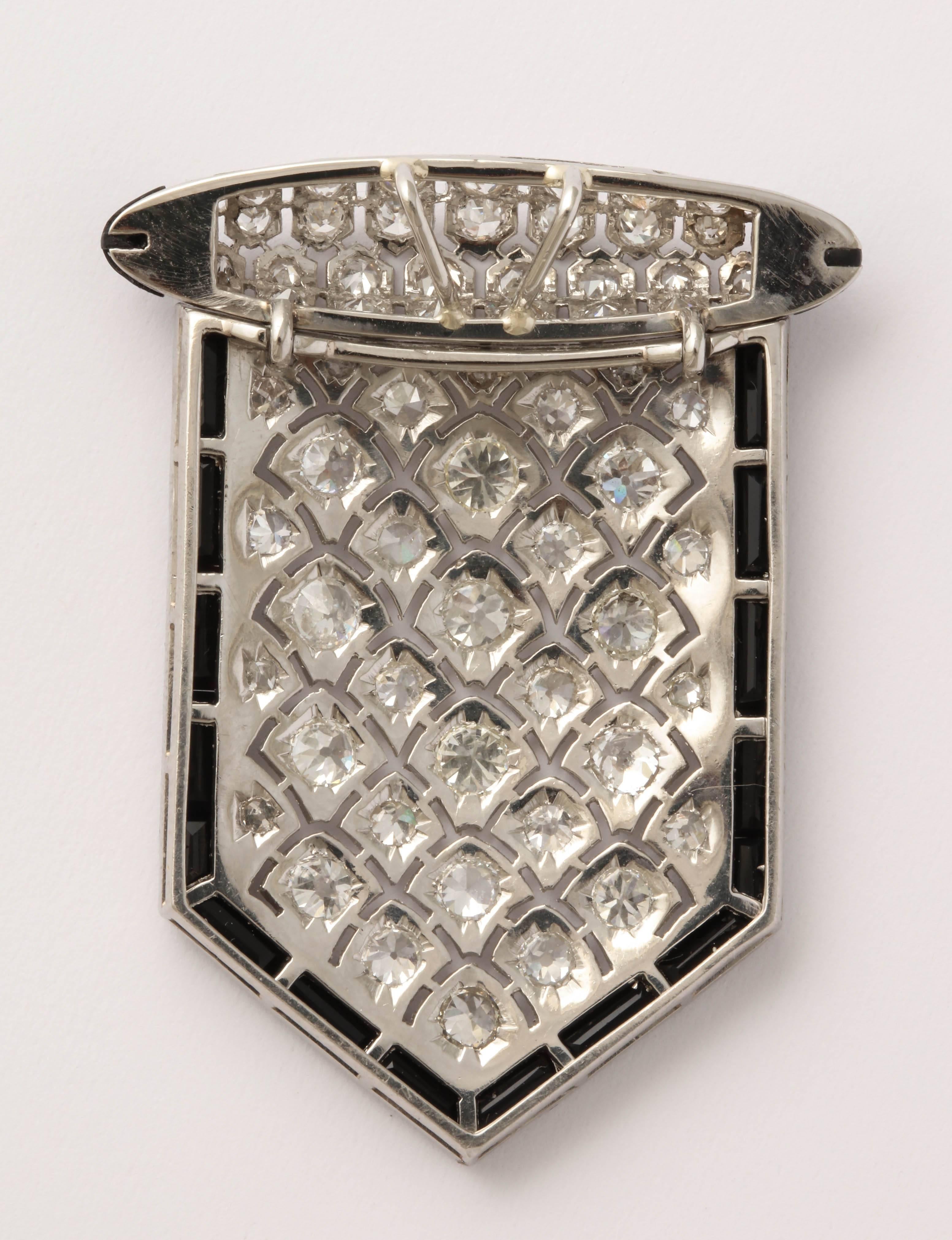 Art Deco Shield Shape Honeycomb Design Diamond and Onyx Platinum Pendantt 2