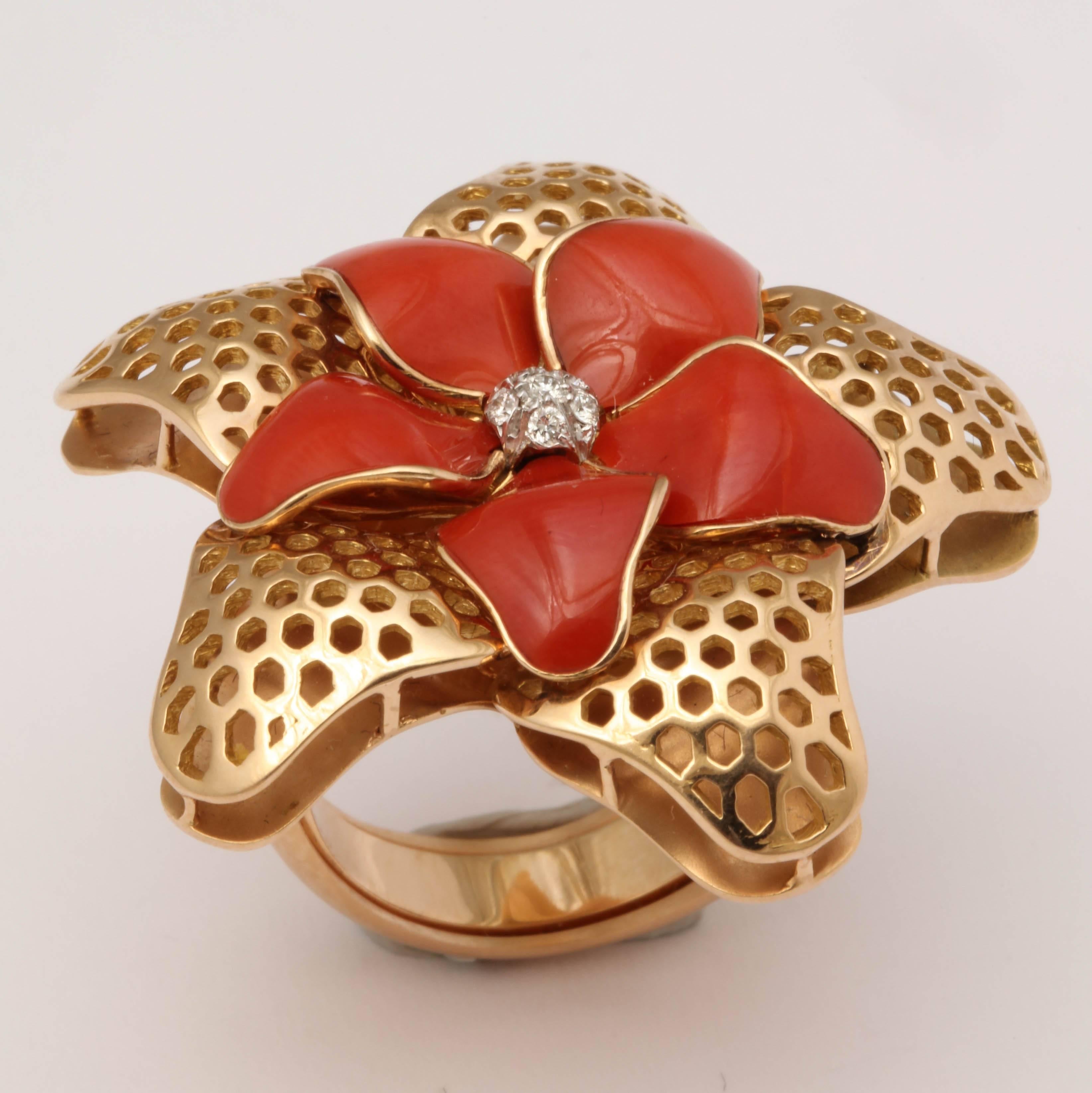 1980s Coral Diamond Starfish Ring For Sale 4