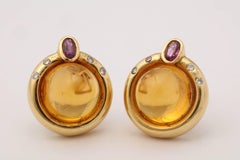 R.Cipullo 1990s Sugar Loaf Cut Citrine Ruby with Diamonds Gold Earrings