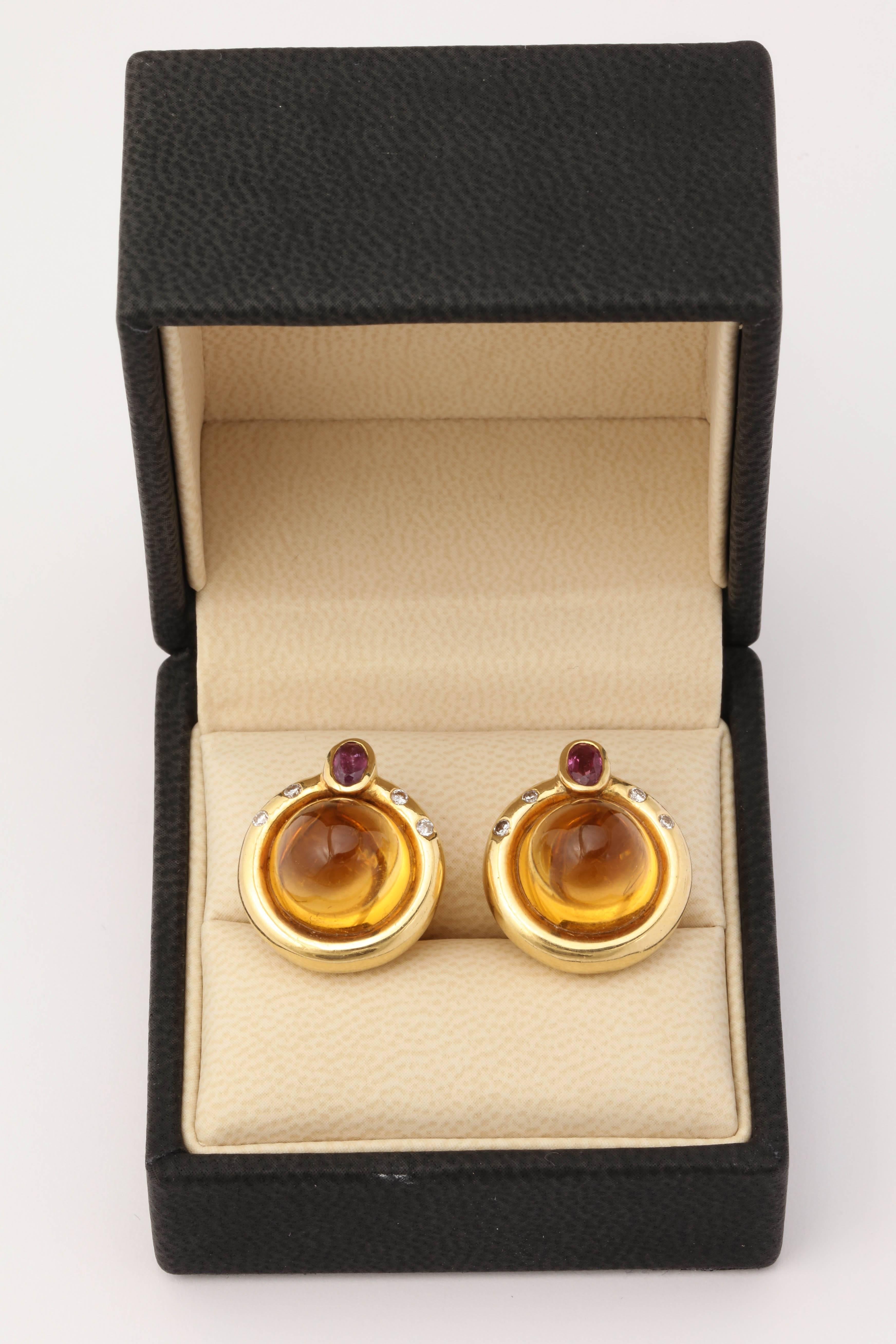 Sugarloaf Cabochon R.Cipullo 1990s Sugar Loaf Cut Citrine Ruby with Diamonds Gold Earrings For Sale