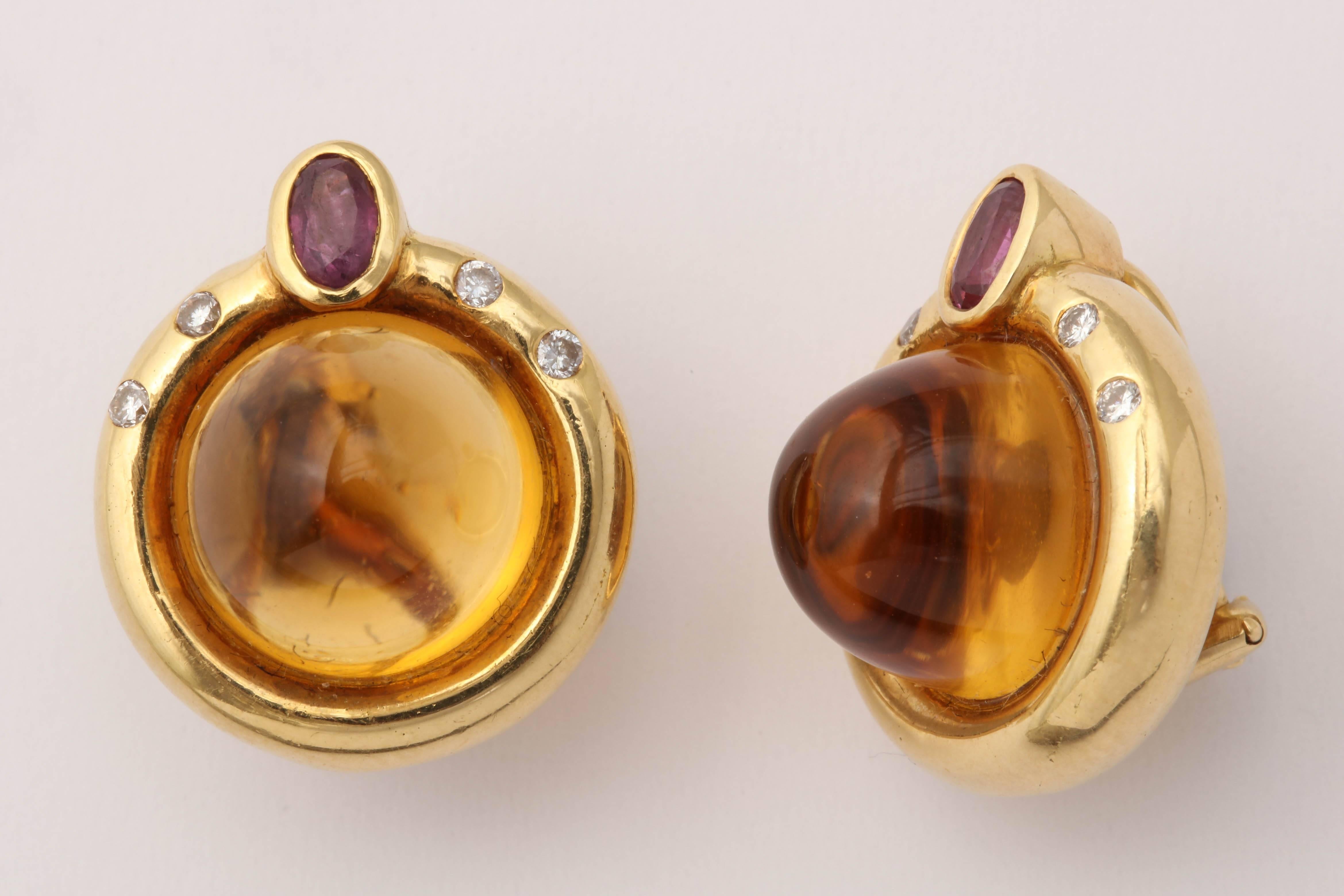 Women's R.Cipullo 1990s Sugar Loaf Cut Citrine Ruby with Diamonds Gold Earrings For Sale