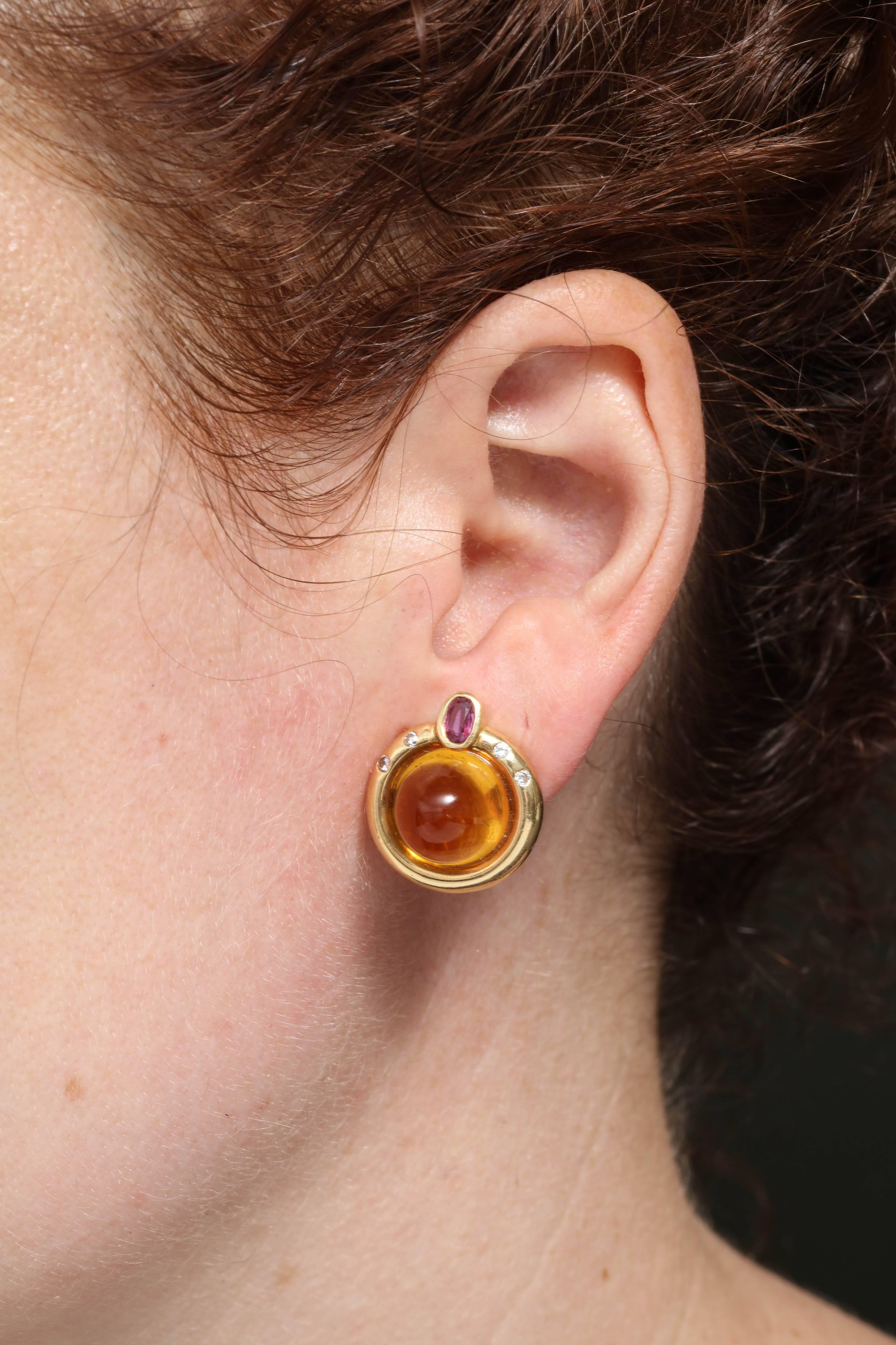 R.Cipullo 1990s Sugar Loaf Cut Citrine Ruby with Diamonds Gold Earrings For Sale 3