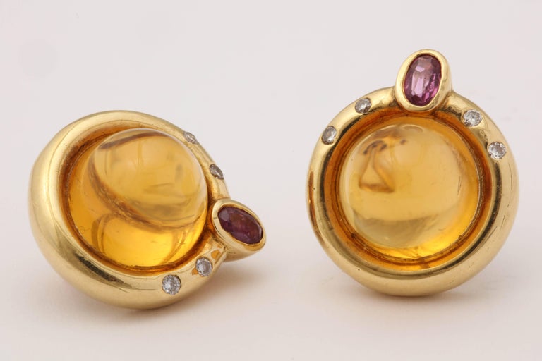 R.Cipullo 1990s Sugar Loaf Cut Citrine Ruby with Diamonds Gold Earrings ...