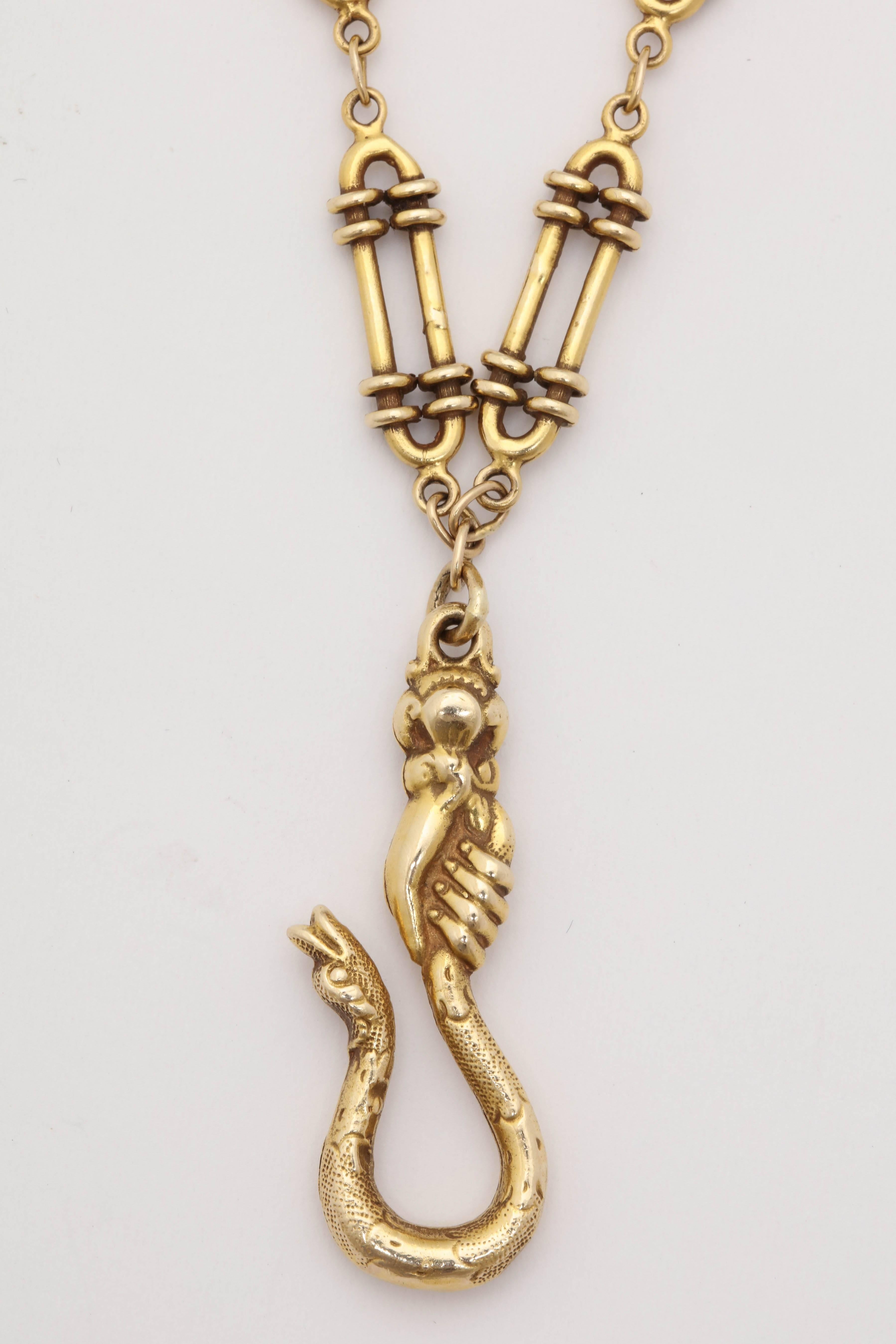 1930s Long Oblong Open Link Figural Hand Holding Snake Clasp Gold Chain 1