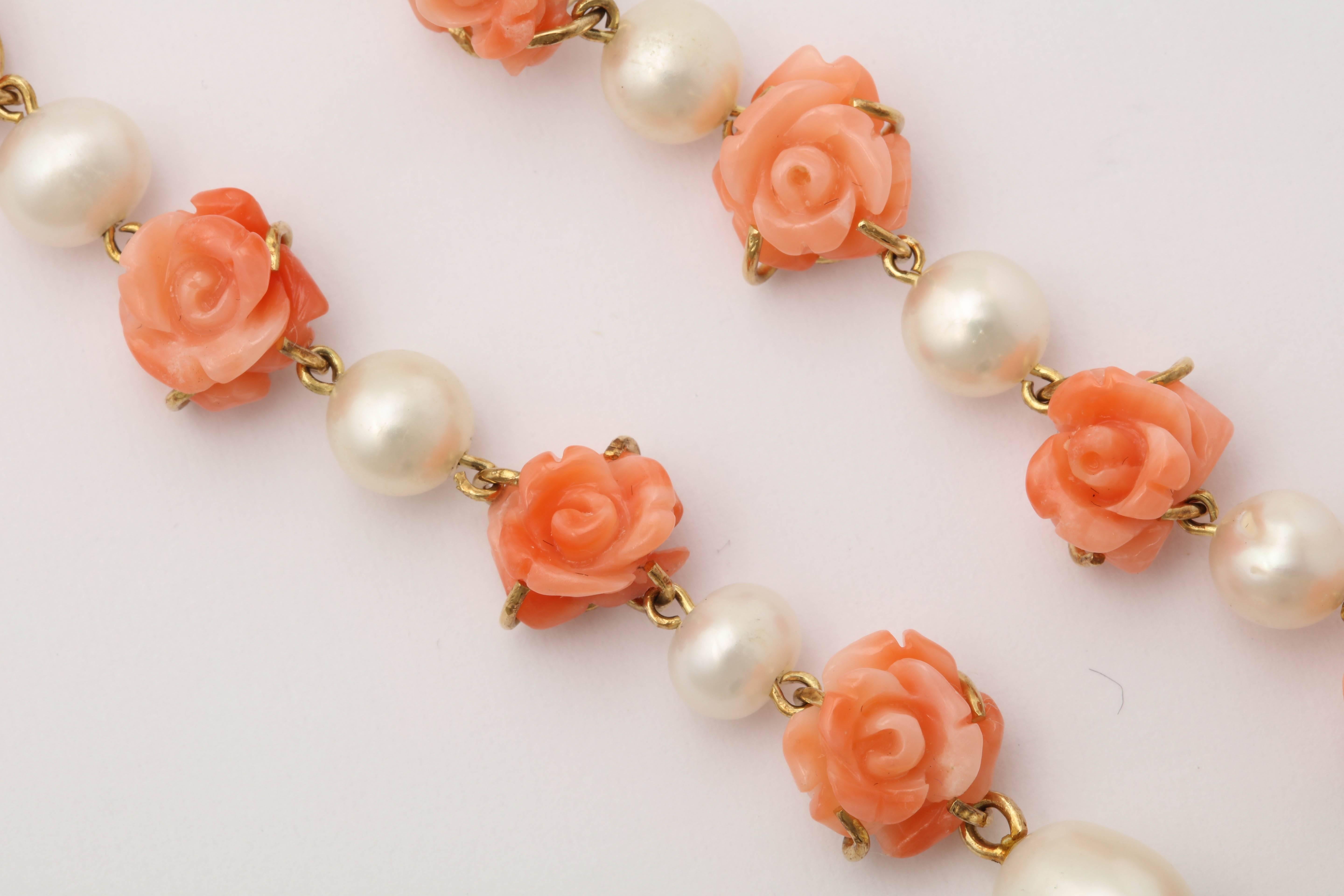 1950s Carved Coral Floral with Cultured Pearls Dangle Gold Earrings In Good Condition In New York, NY