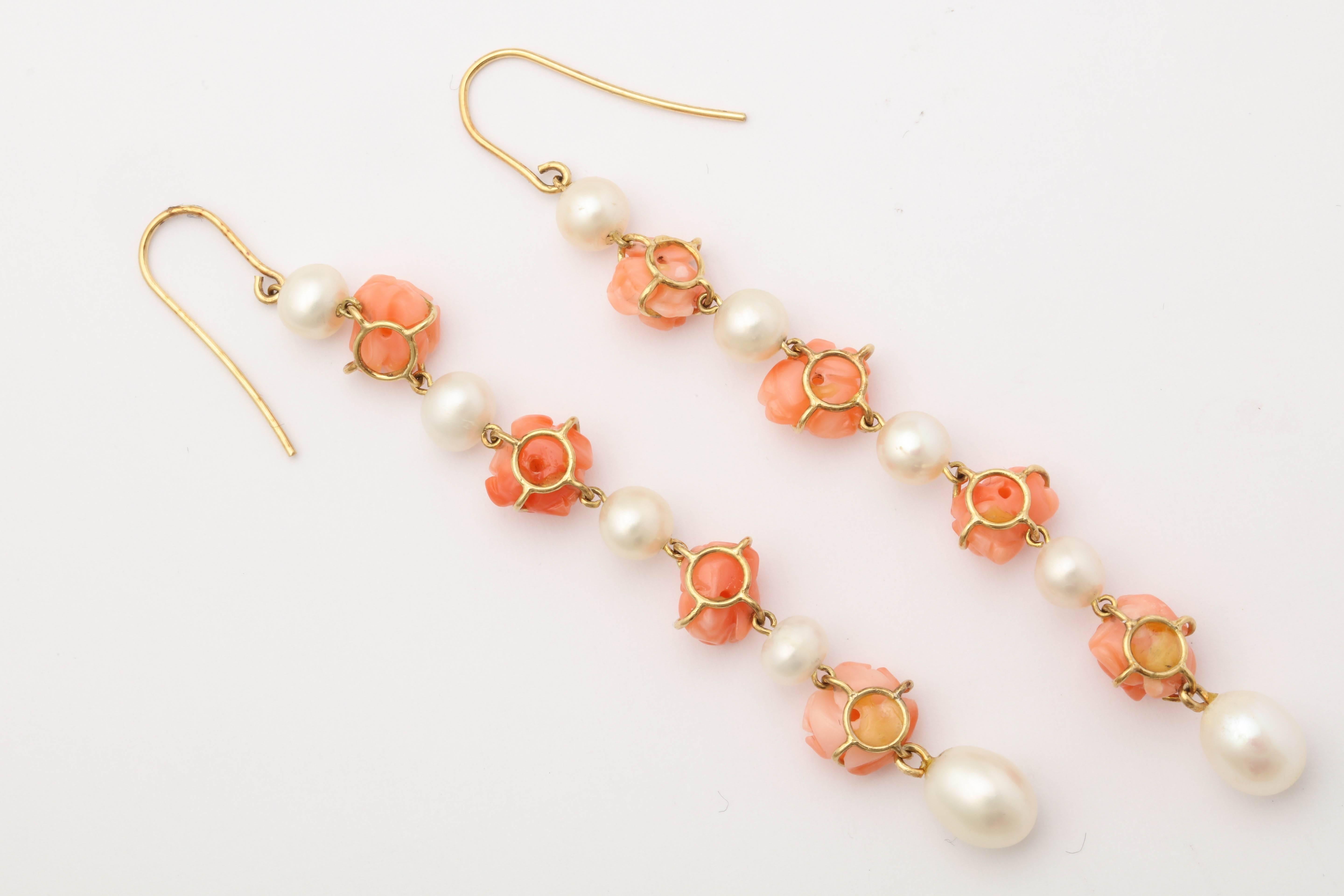 Women's 1950s Carved Coral Floral with Cultured Pearls Dangle Gold Earrings