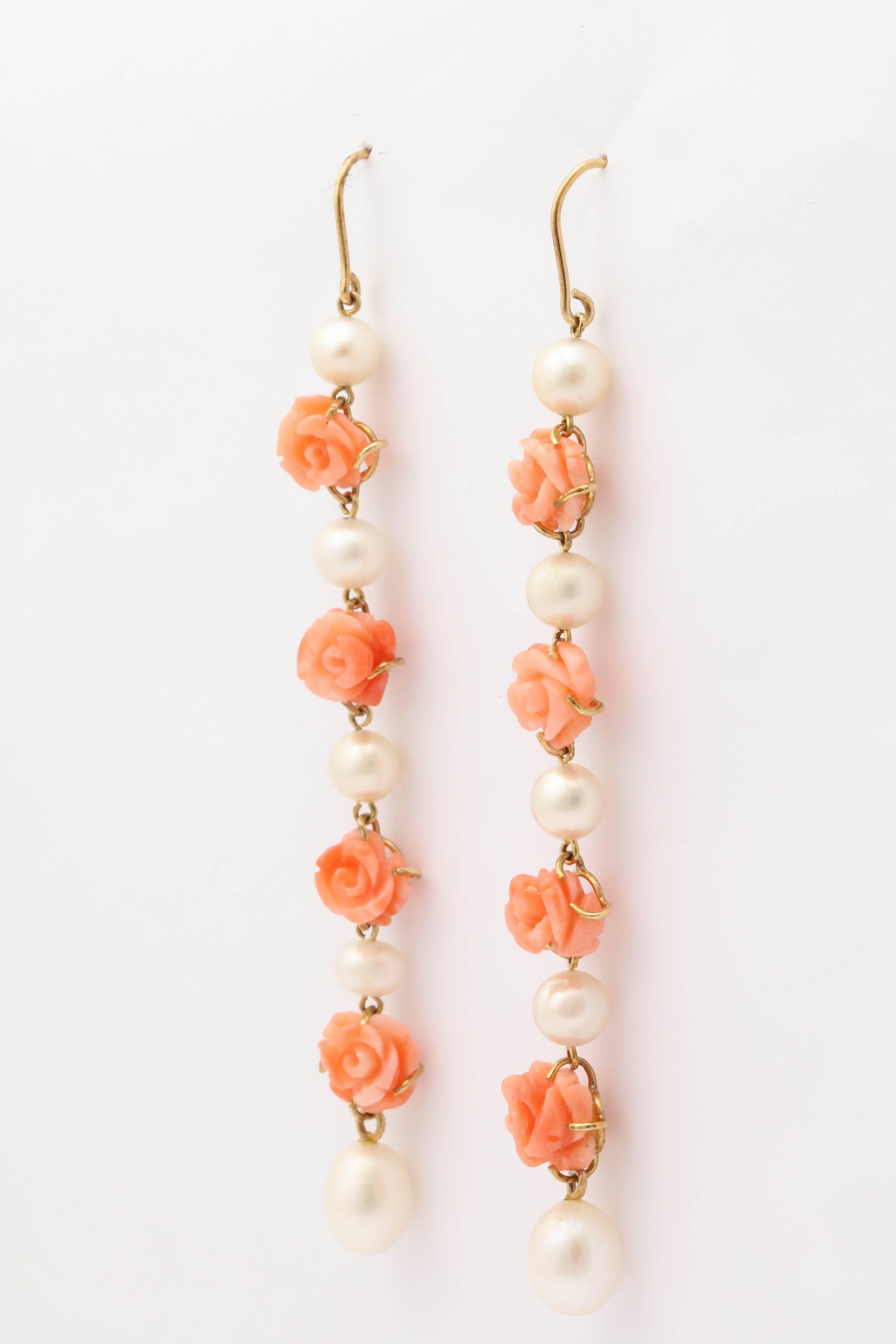 1950s Carved Coral Floral with Cultured Pearls Dangle Gold Earrings 1