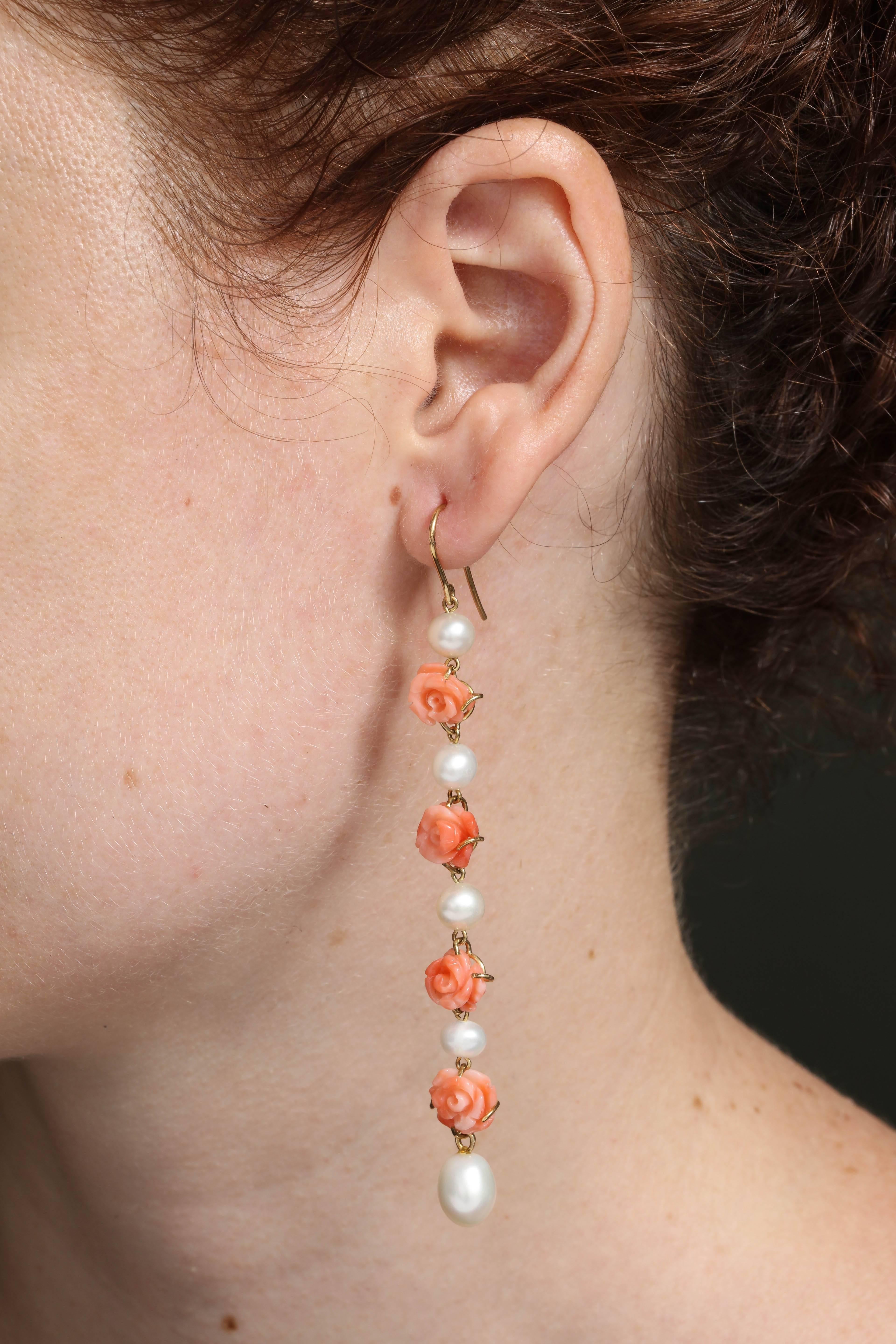 1950s Carved Coral Floral with Cultured Pearls Dangle Gold Earrings 2