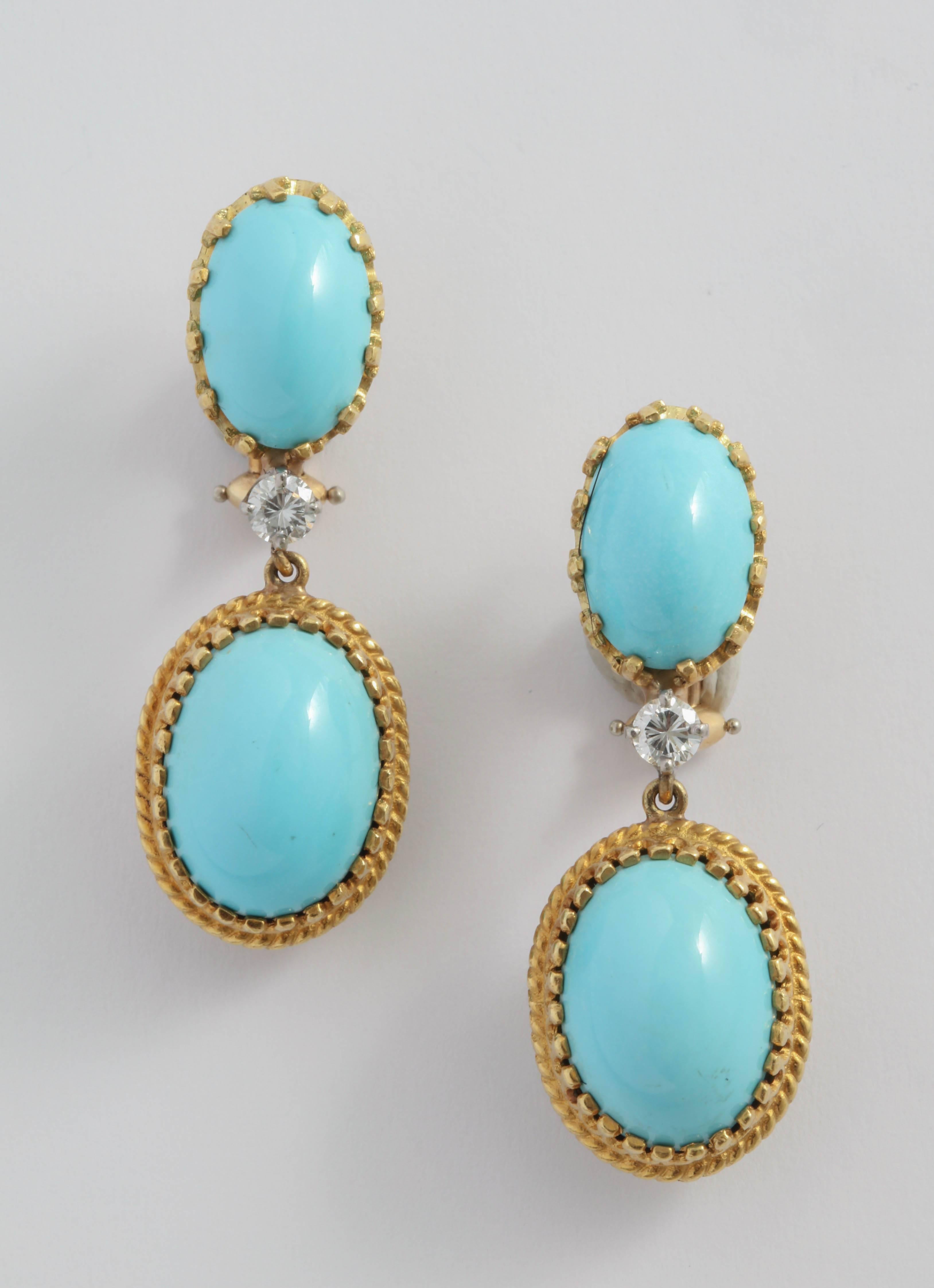 Beautiful 18kt Yellow Gold Drop Earrings. Signed Cellini - Bezel set with Persian Turquoise Ovals separated by a  full cut Diamond.  Very elegant - very rich  You could almost believe that you are a Persian Empress.  