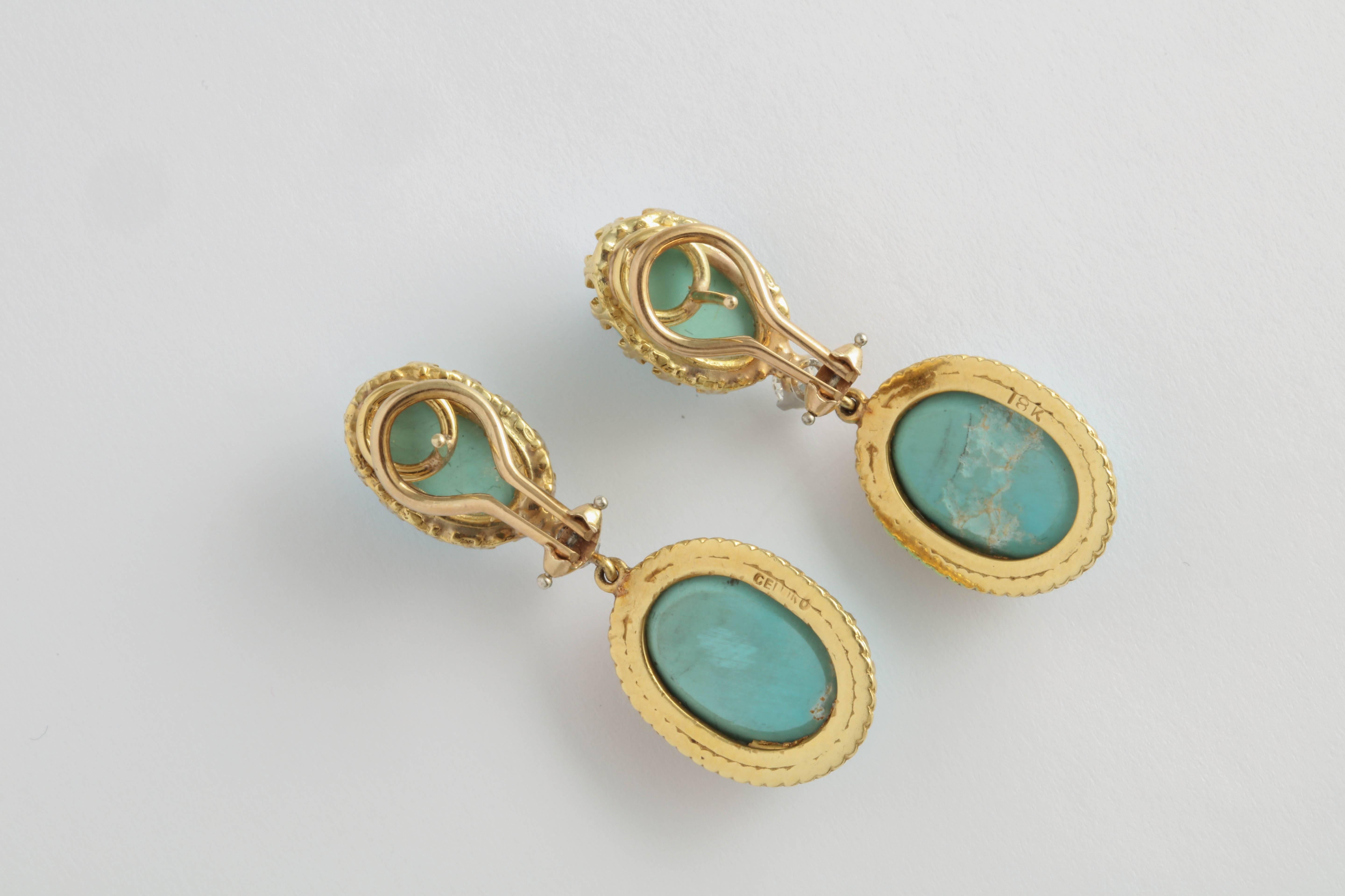 Romantic Cellini Gold Diamond and Turquoise Drop Earrings