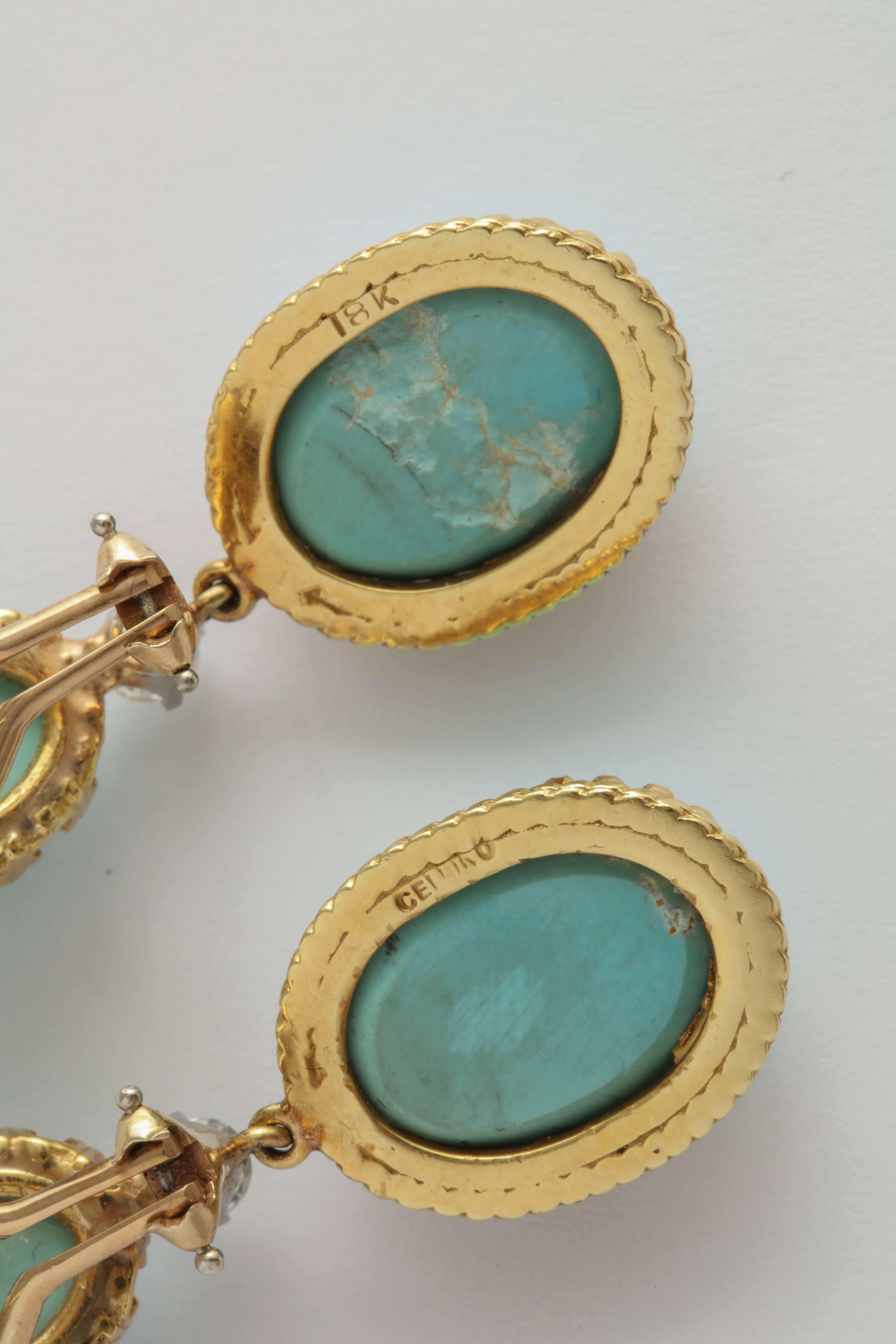 Cellini Gold Diamond and Turquoise Drop Earrings In Excellent Condition In New York, NY