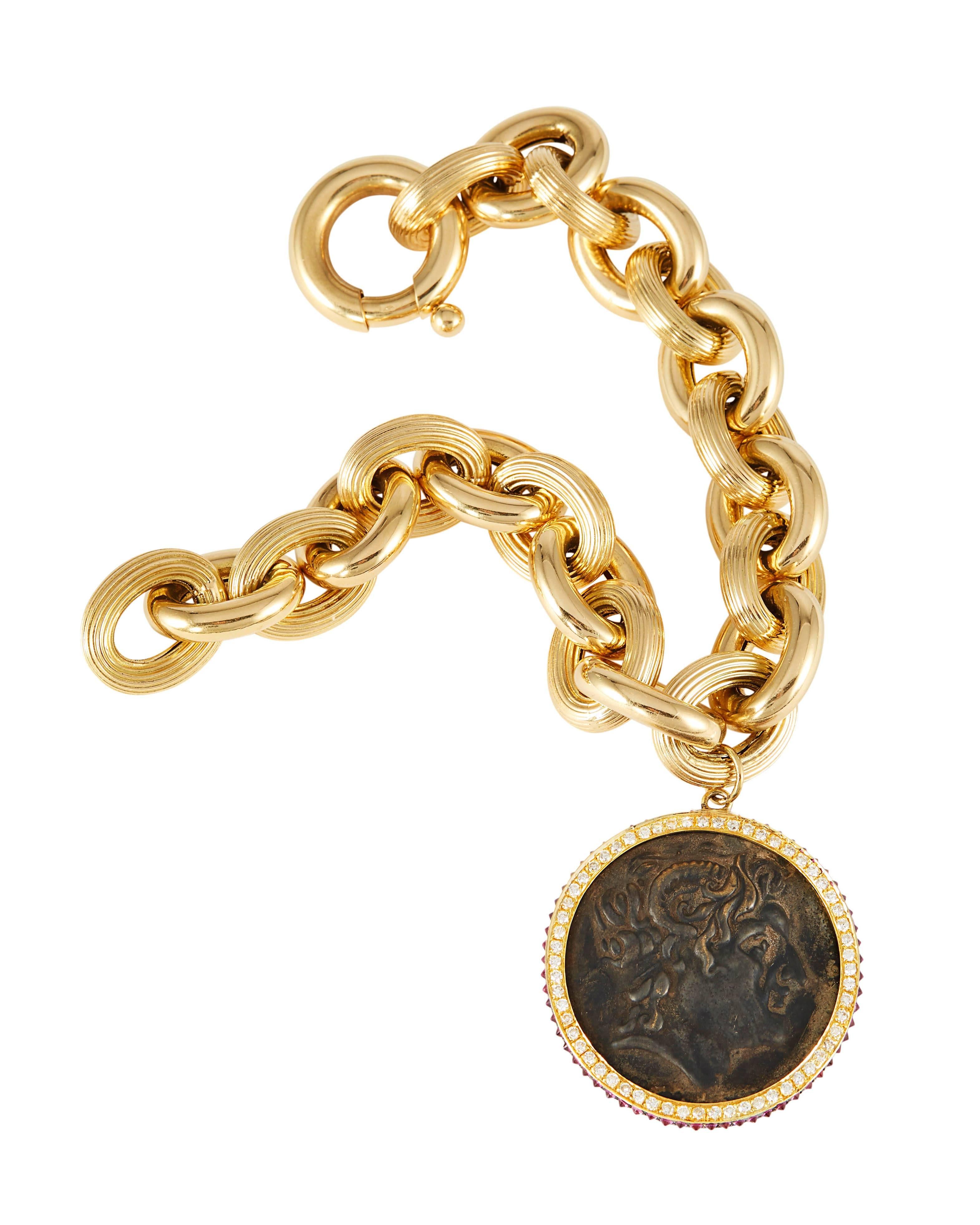 Classical Roman SAM.SAAB Roman Coin Bracelet and Yellow Gold Chain For Sale
