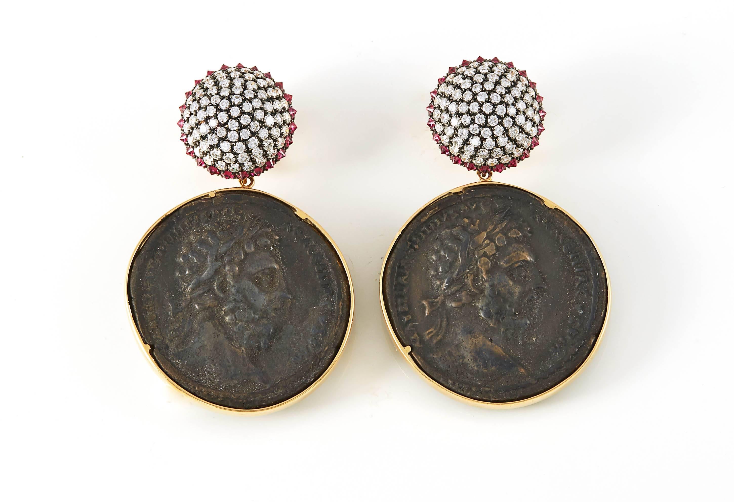 SAM.SAAB ancient 15th century coin earring from Lazio Italy, with 3.34ct white diamonds and .91ct red spinel accents in 18k yellow gold.