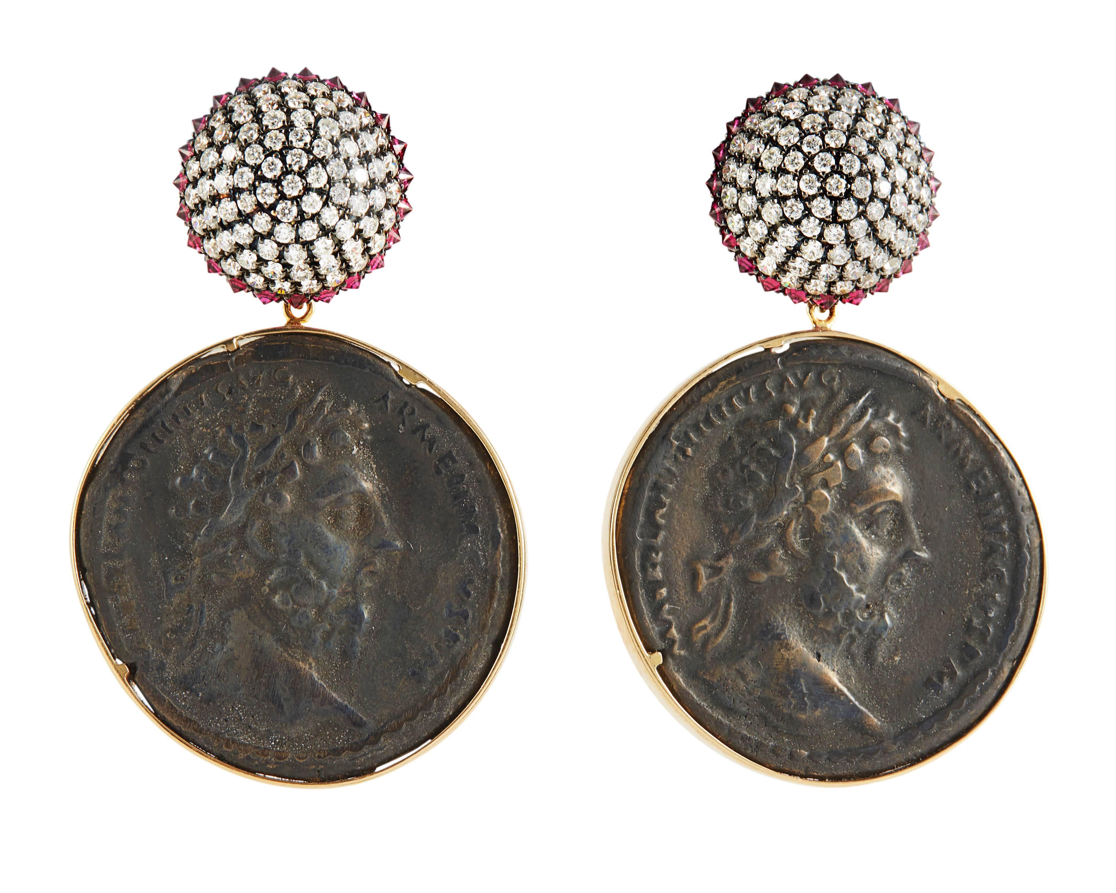 Classical Roman SAM.SAAB Roman Coin and White Diamond Yellow Gold Earrings For Sale