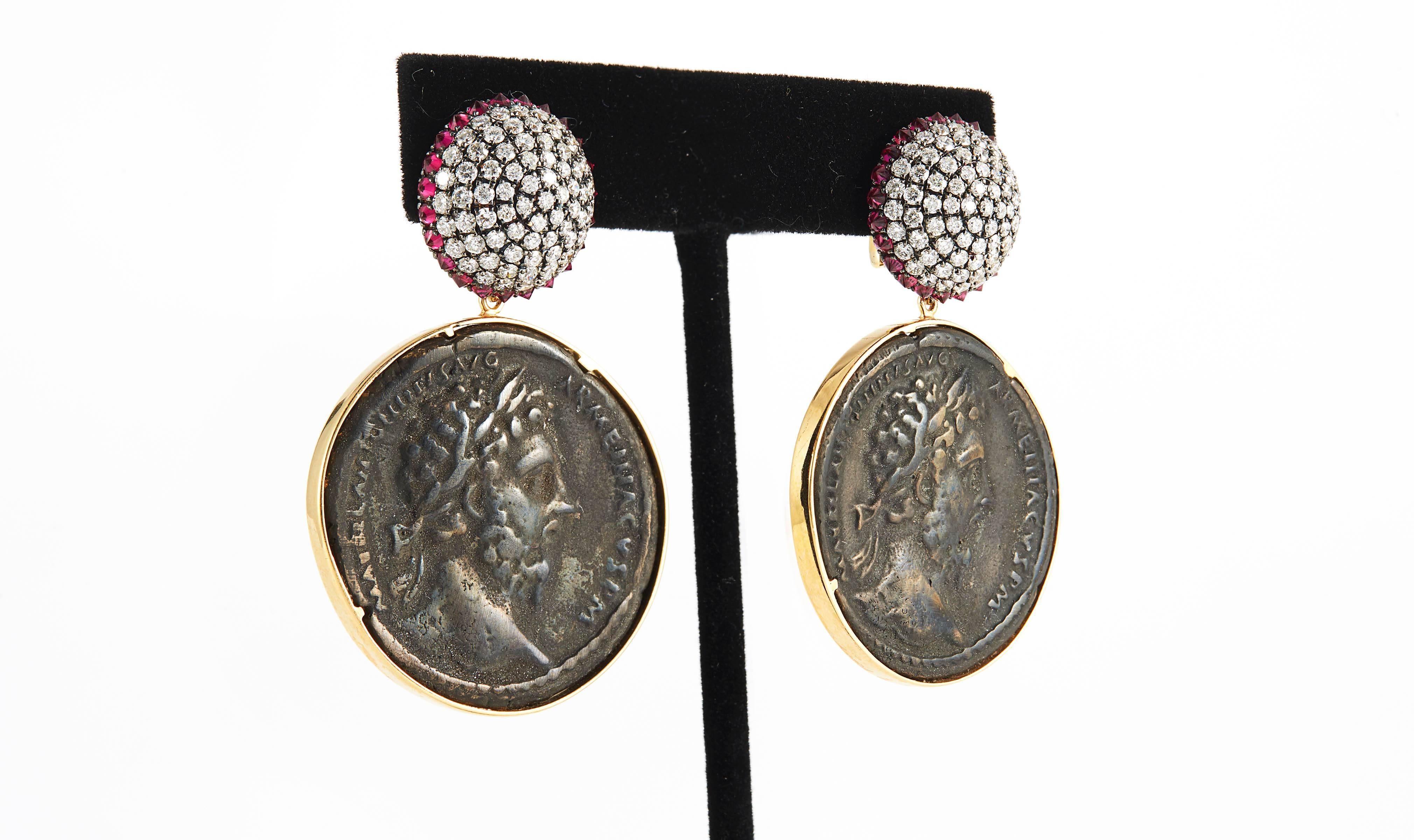 SAM.SAAB Roman Coin and White Diamond Yellow Gold Earrings In Excellent Condition For Sale In Long Island City, NY