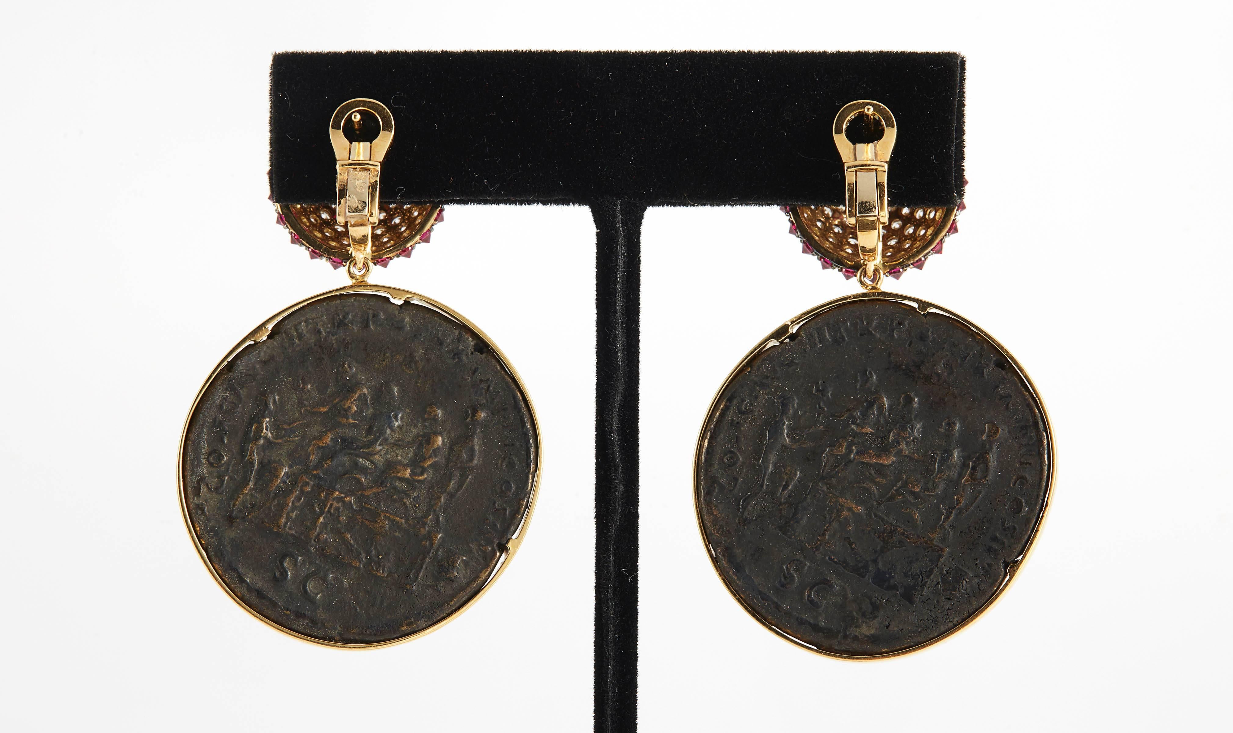 Women's SAM.SAAB Roman Coin and White Diamond Yellow Gold Earrings For Sale