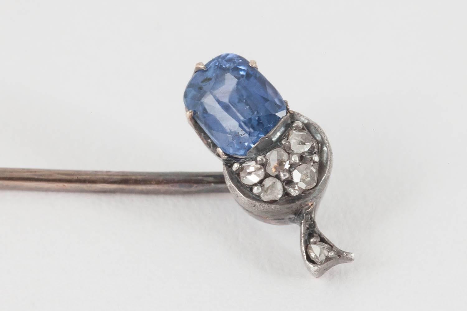 Tiepin, set with a  Ceylon Sapphire, Diamond, French Acorn, gold mounted c, 1880 1