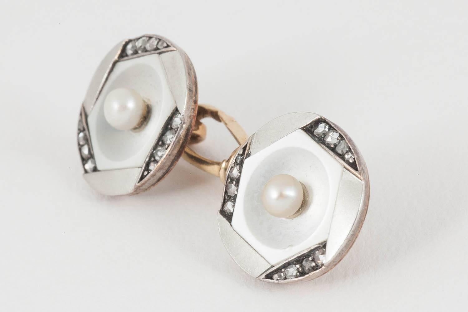 Edwardian  Austrian Diamond, Mother-of-Pearl, Natural Pearl Cufflinks, c, 1900 For Sale