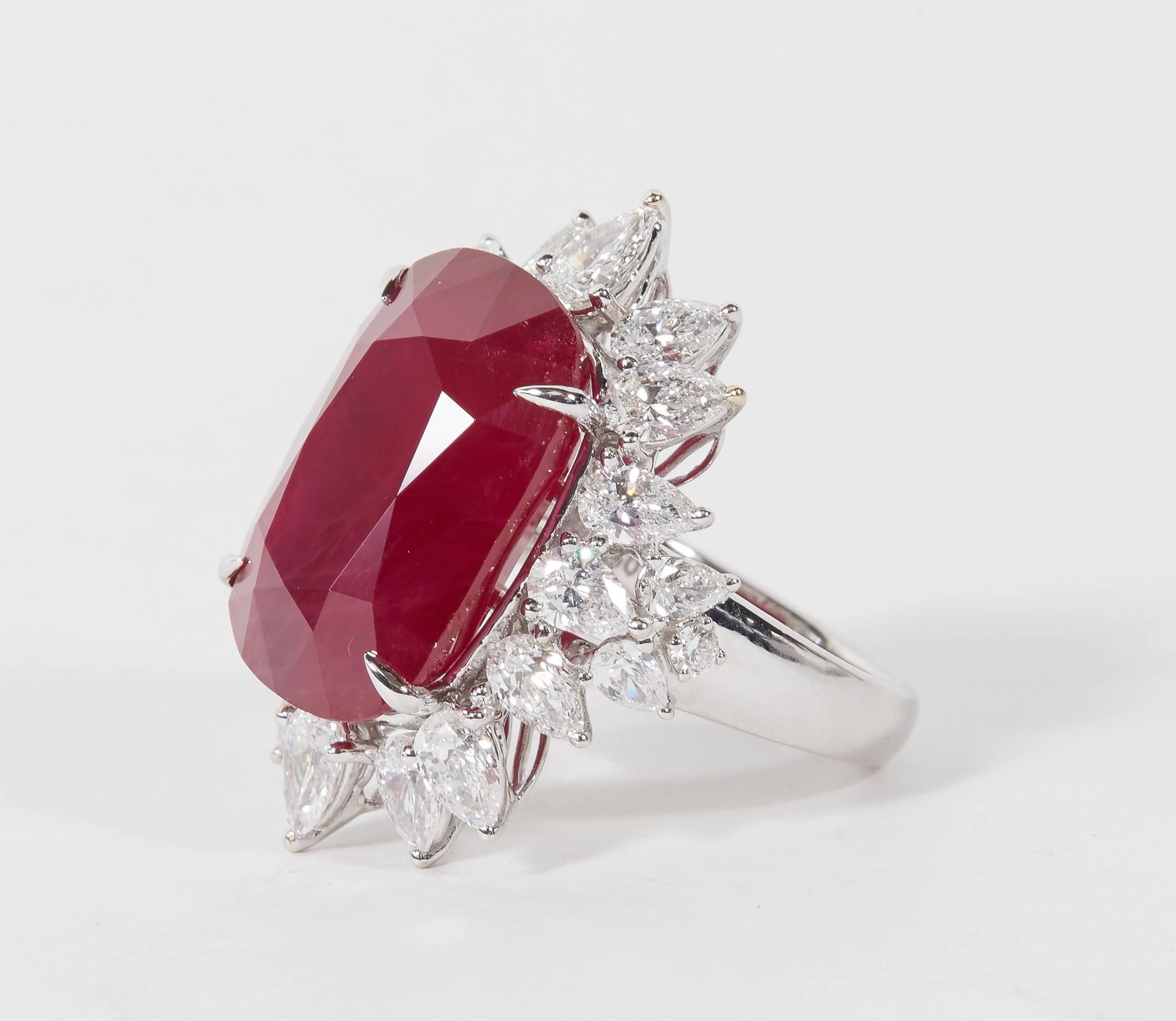 Cushion Cut Impressive 24.64 Carat Ruby and Diamond Ring For Sale