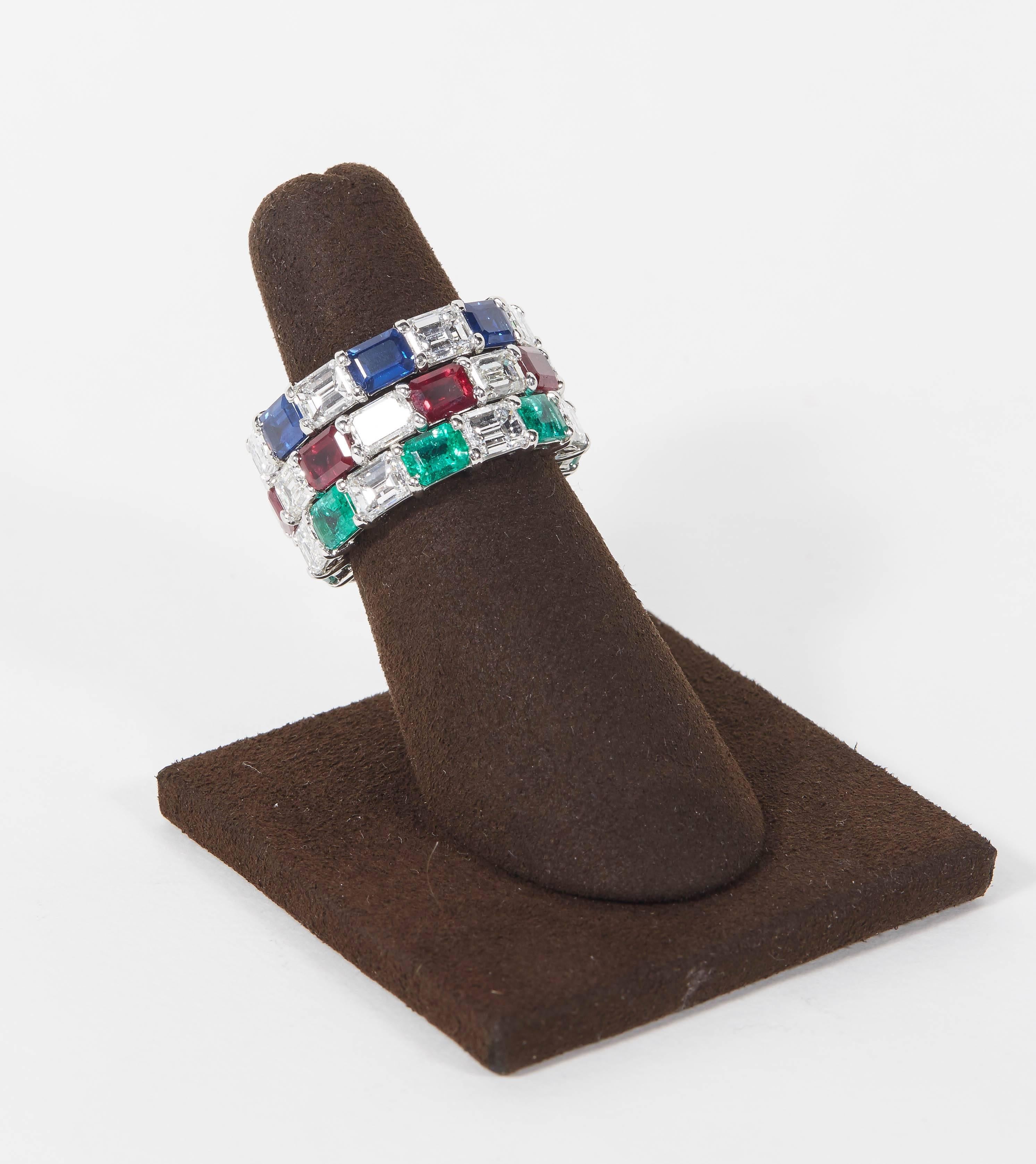 

A fabulous set of Emerald, Ruby and Sapphire eternity bands. 

(1) Green emerald and diamond band: 3.10 carats fine green emerald, 3.28 carats F VS diamonds. 

(1) Ruby and diamond band: 3.40 carats fine red ruby, 3.01 carats F VS diamonds.

(1)