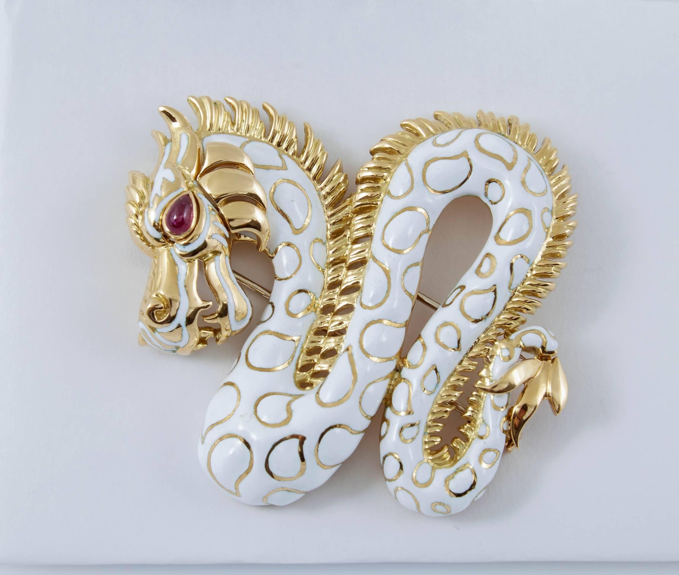 David Webb White Enamel Gold Dragon Brooch 1