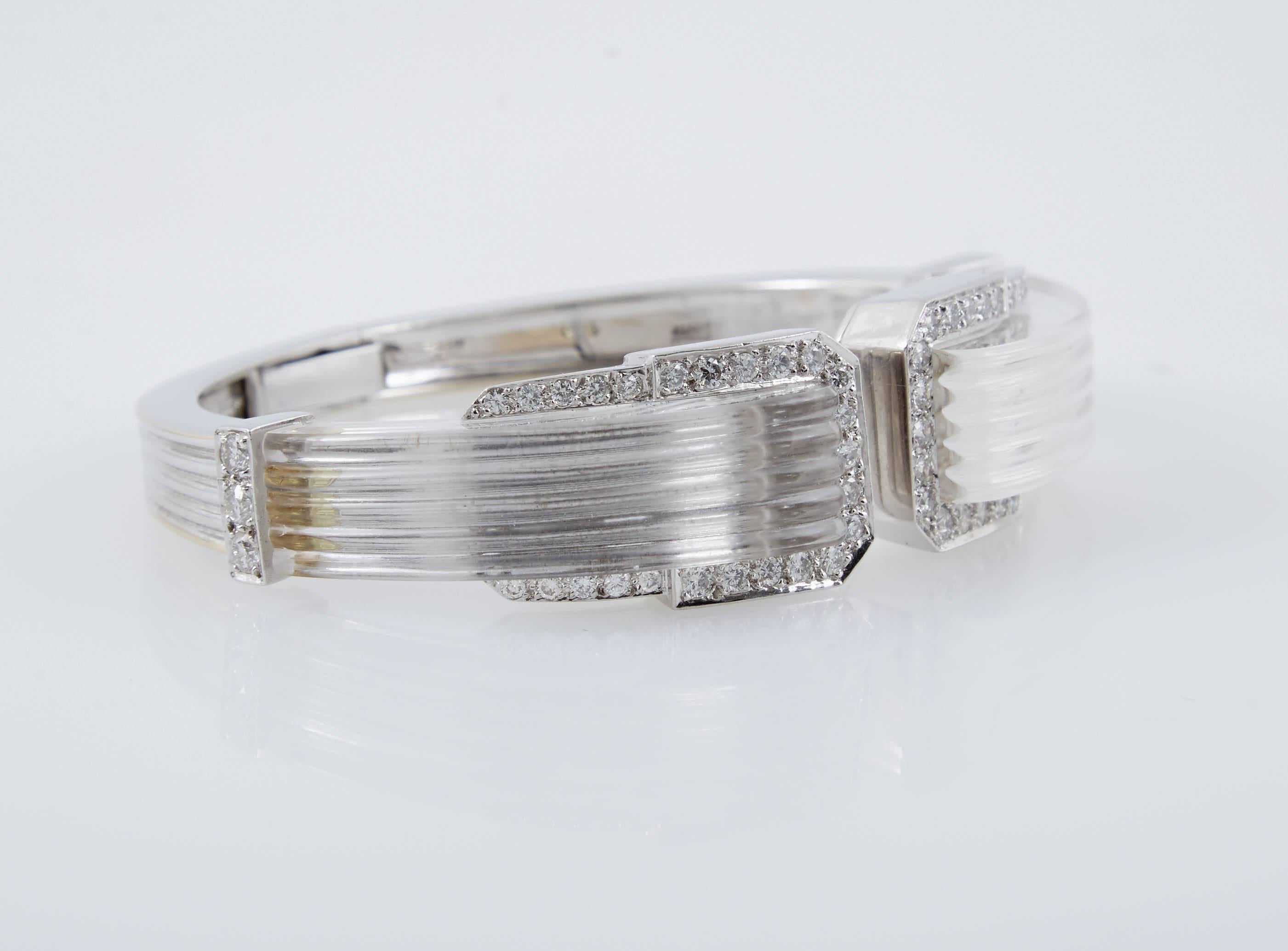 David Webb Diamond Carved Rock Crystal Cuff Bracelet In Excellent Condition In New York, NY