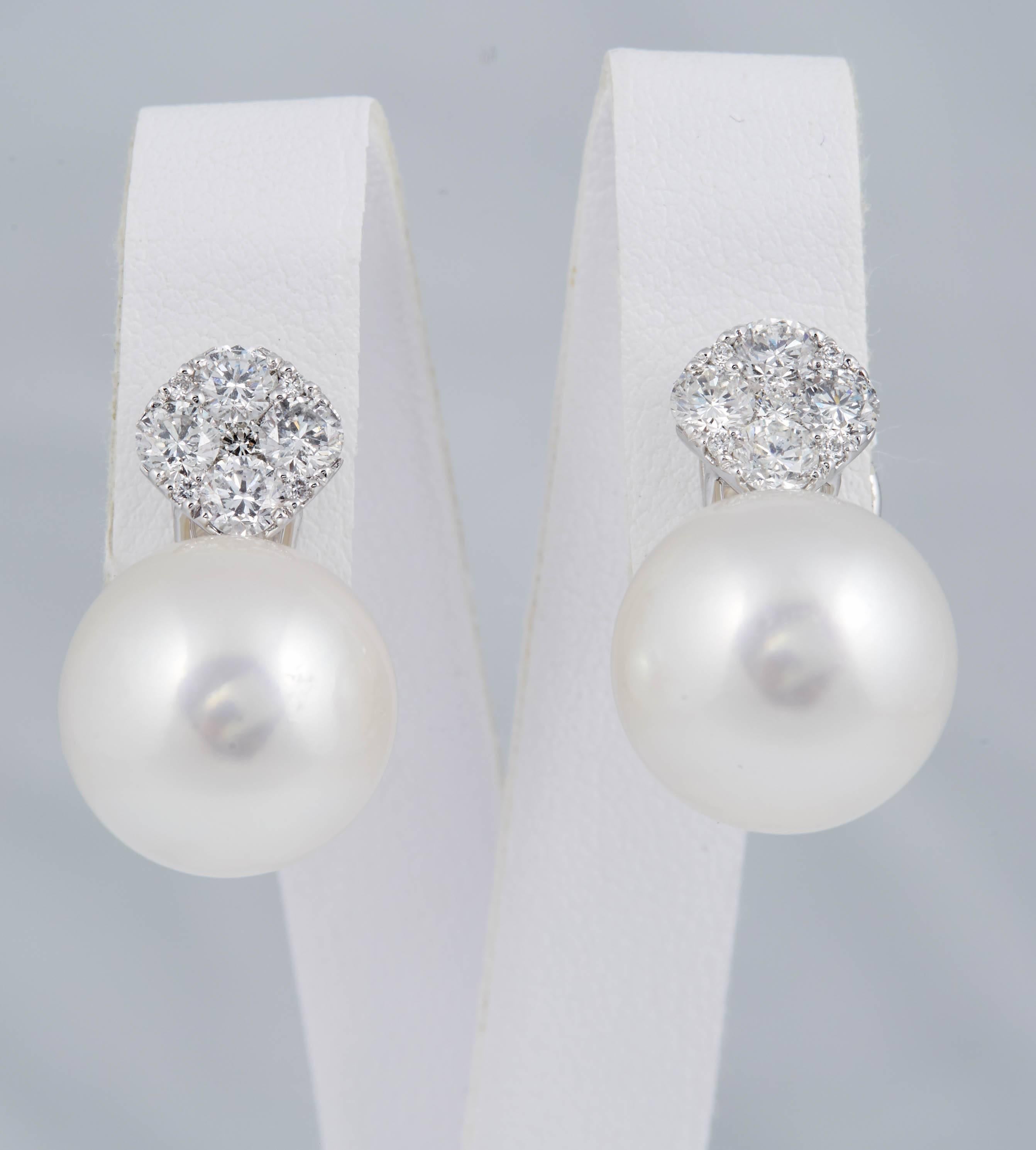 Contemporary Round Cluster Diamonds and South Sea Pearl Drop Earrings For Sale